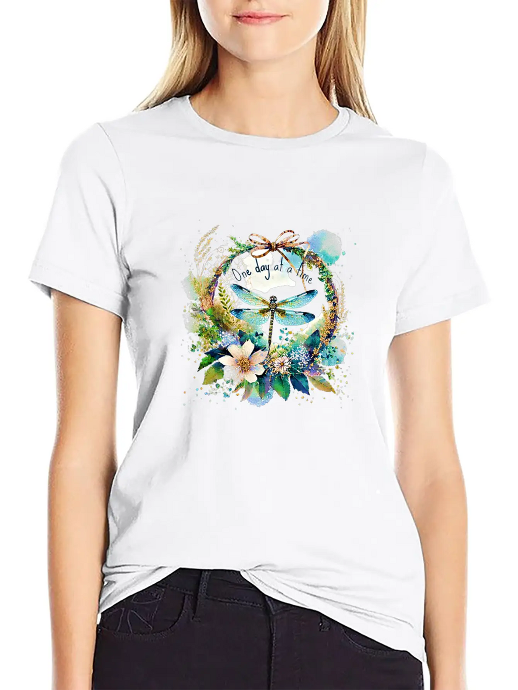 One Day At A Time Dragonfly Floral Casual Graphic T-Shirt – Simple And Comfortable Daily Wear