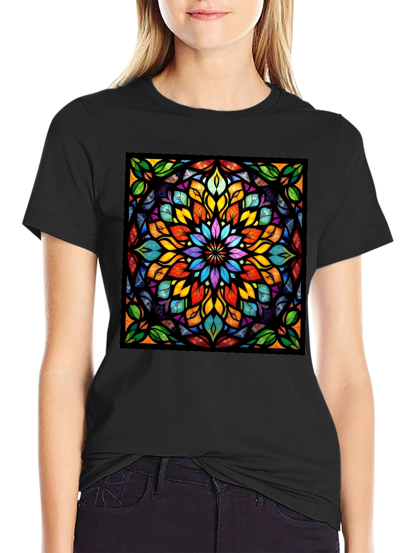 Kaleidoscope Stained Glass Design Black T-Shirt
