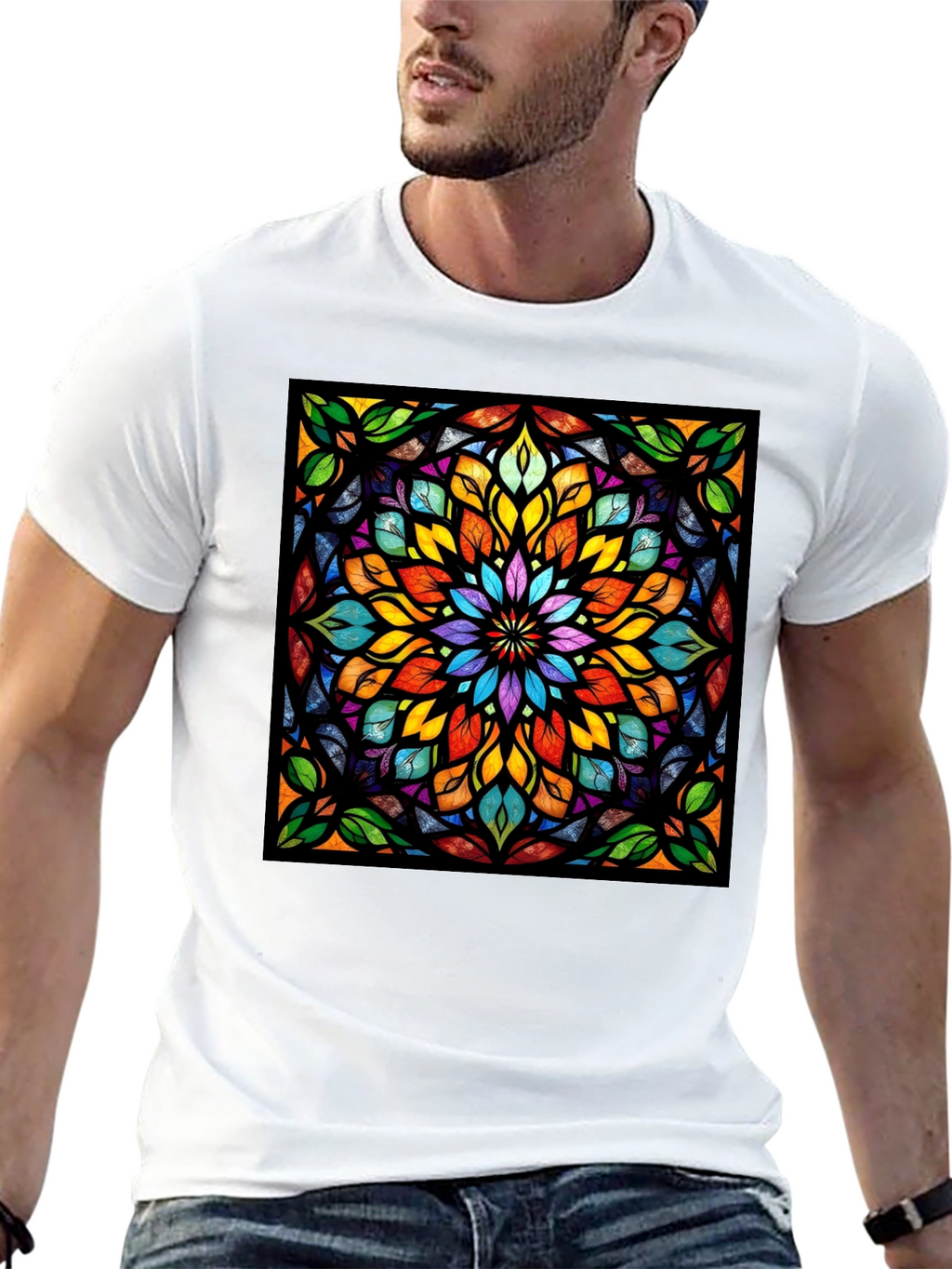 Kaleidoscope Stained Glass Design Black T-Shirt