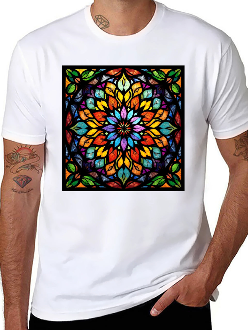 Kaleidoscope Stained Glass Design Black T-Shirt
