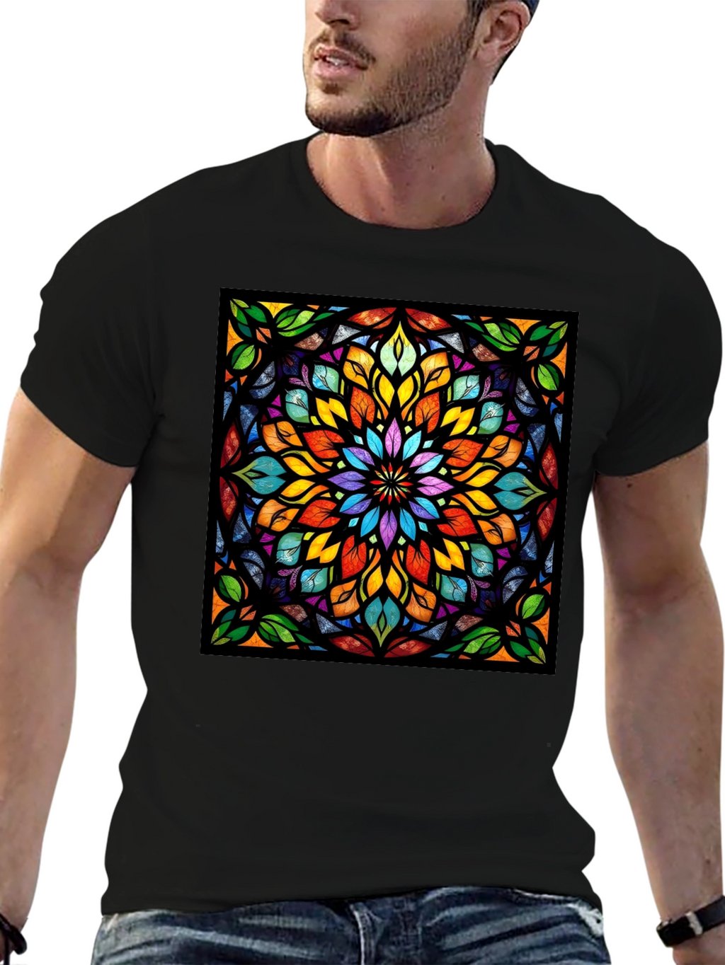 Kaleidoscope Stained Glass Design Black T-Shirt