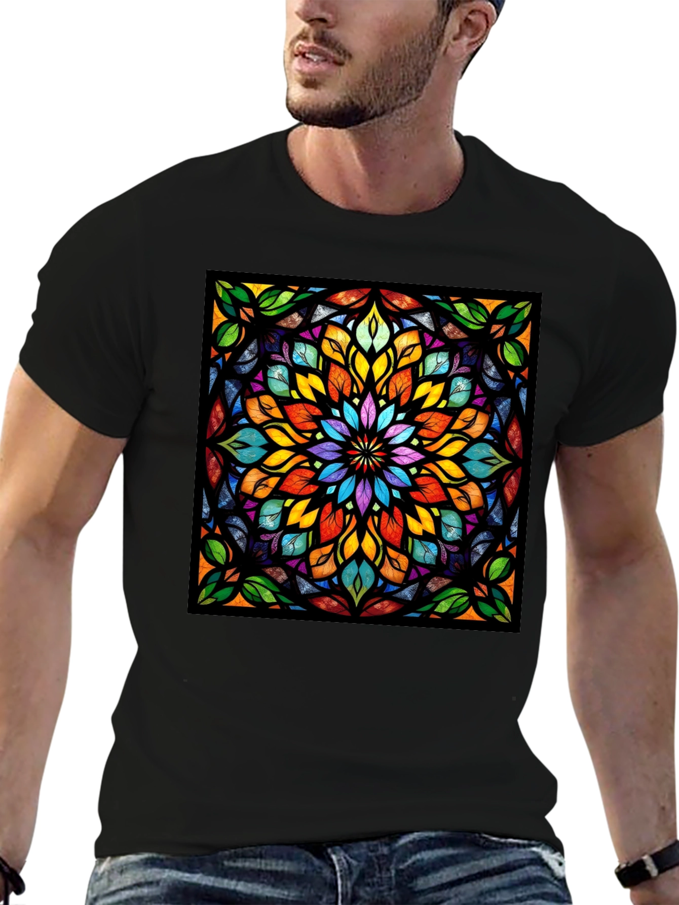 Kaleidoscope Stained Glass Design Black T-Shirt