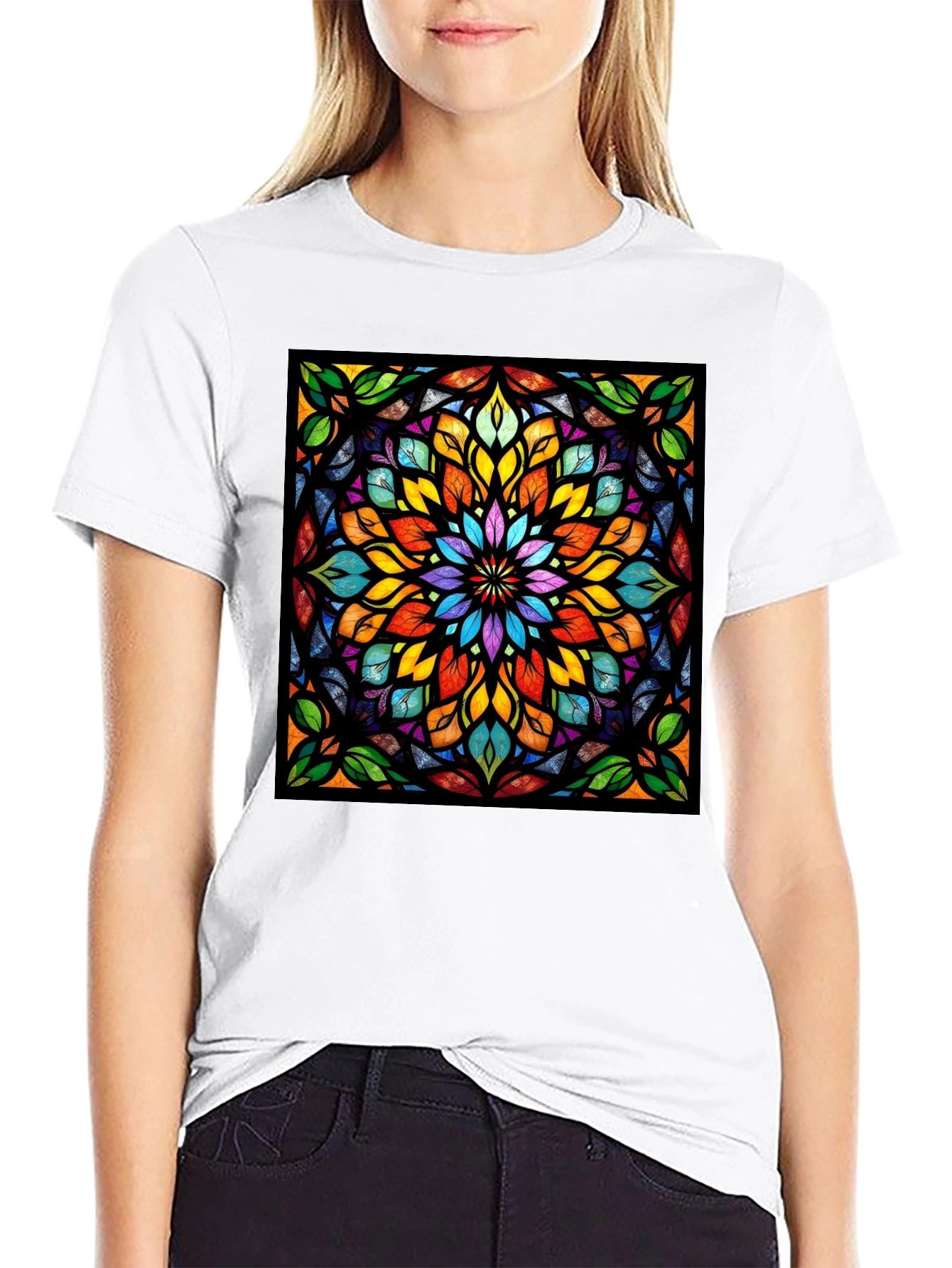 Kaleidoscope Stained Glass Design Black T-Shirt