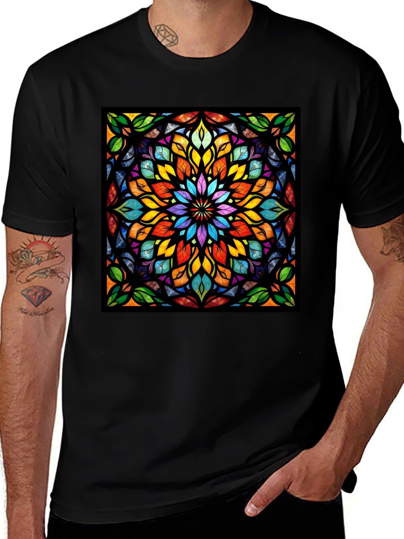 Kaleidoscope Stained Glass Design Black T-Shirt