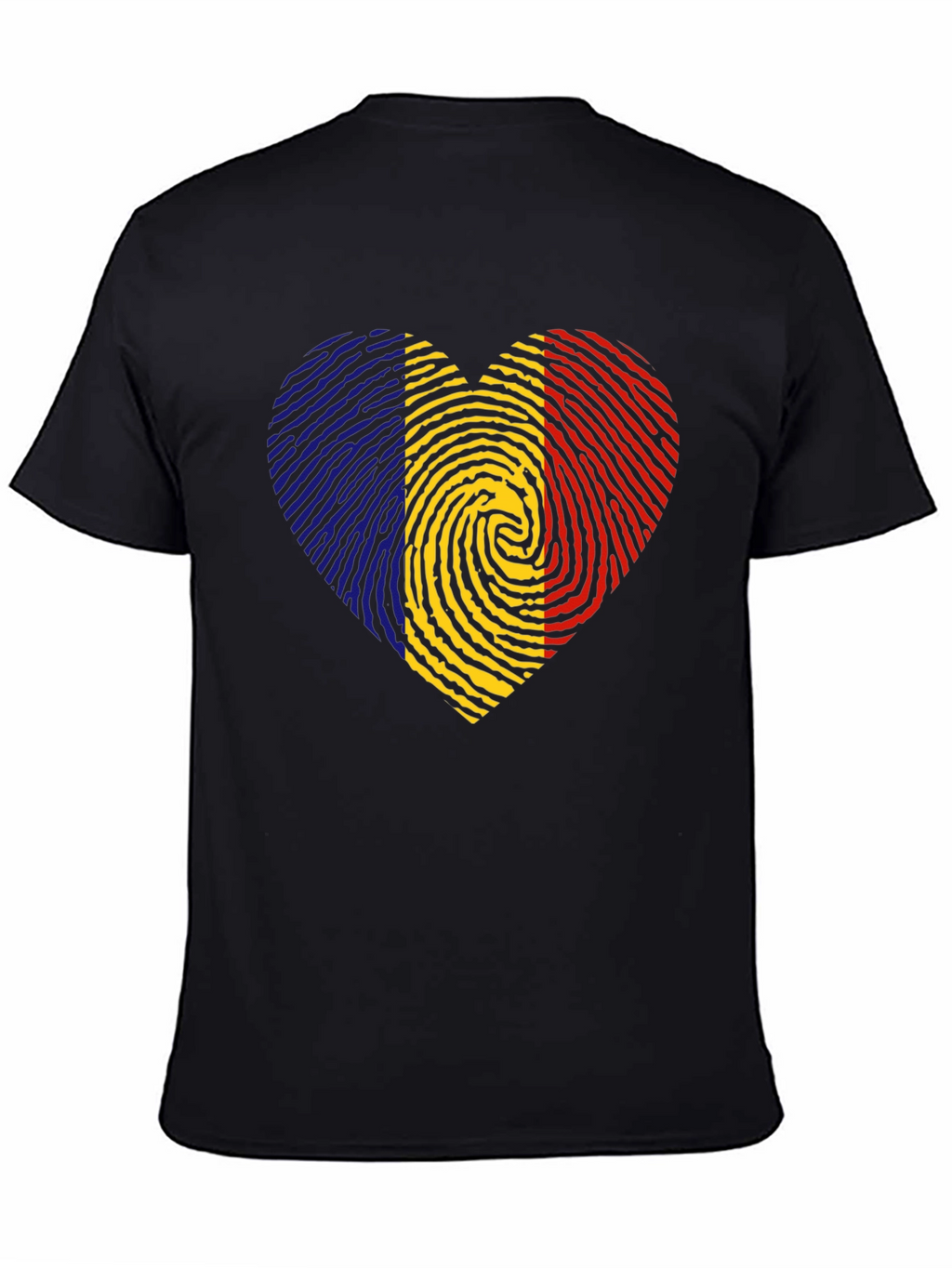 Romania Flag Fingerprint Heart Black T-Shirt