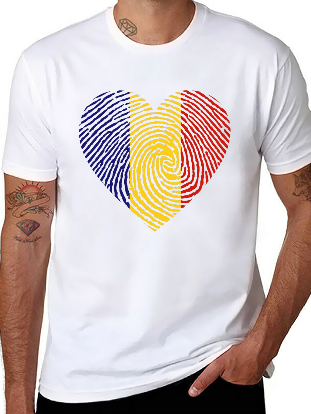 Romania Flag Fingerprint Heart Black T-Shirt