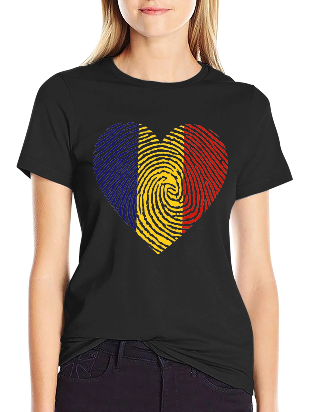 Romania Flag Fingerprint Heart Black T-Shirt