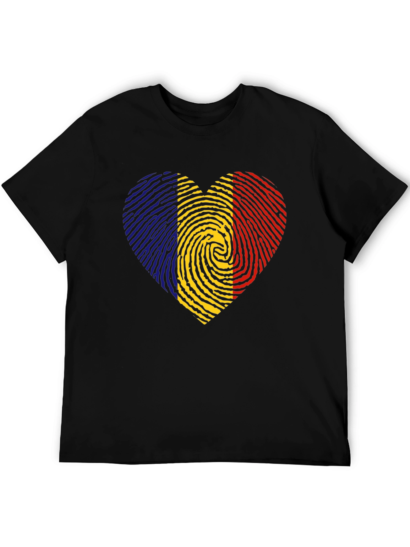 Romania Flag Fingerprint Heart Black T-Shirt