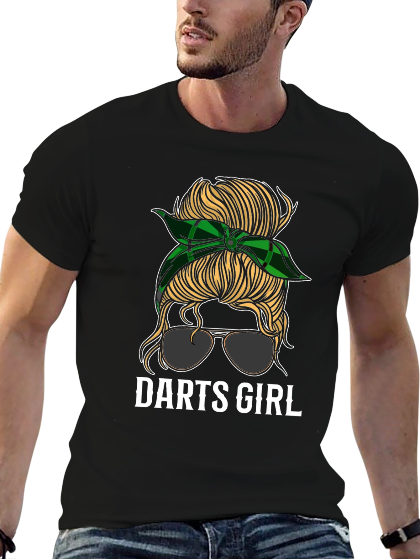 Darts Girl Messy Bun Graphic Tee - Black T-Shirt