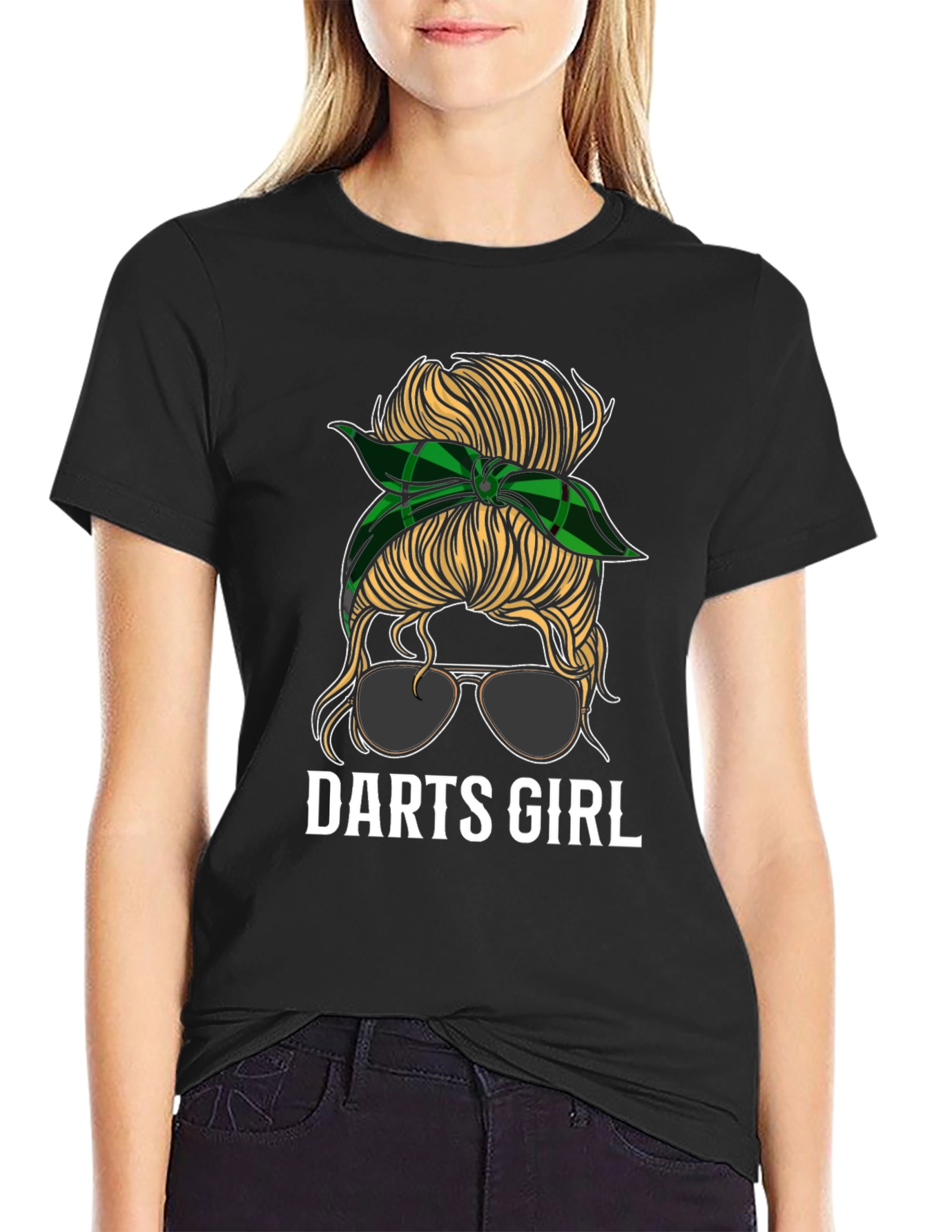 Darts Girl Messy Bun Graphic Tee - Black T-Shirt