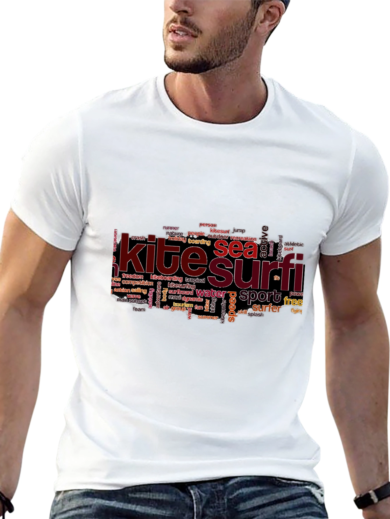 Kite Surf Tee - Sea Sport Word Art - Black Cotton Casual T-Shirt