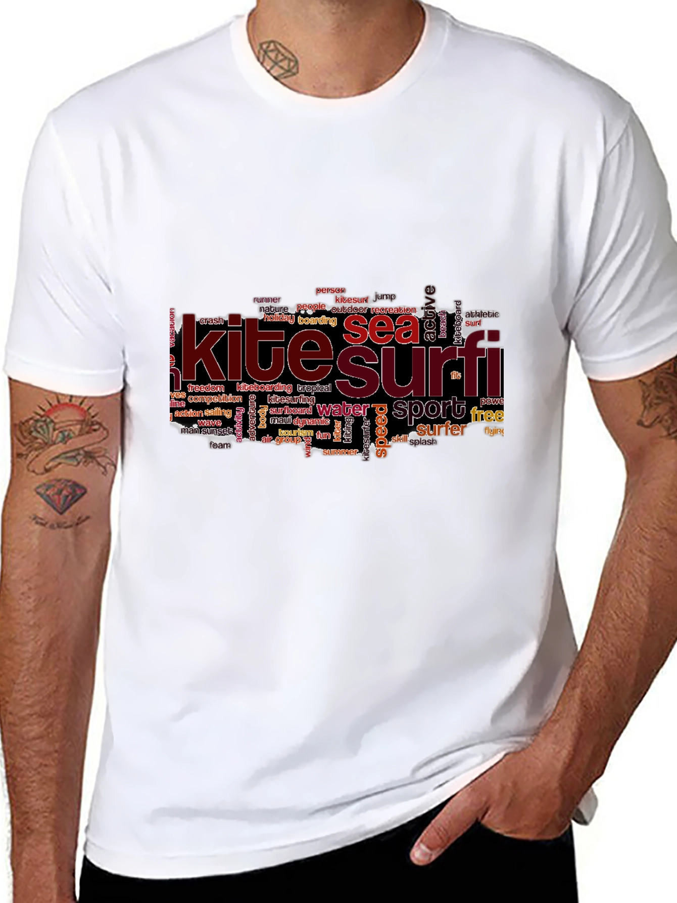 Kite Surf Tee - Sea Sport Word Art - Black Cotton Casual T-Shirt