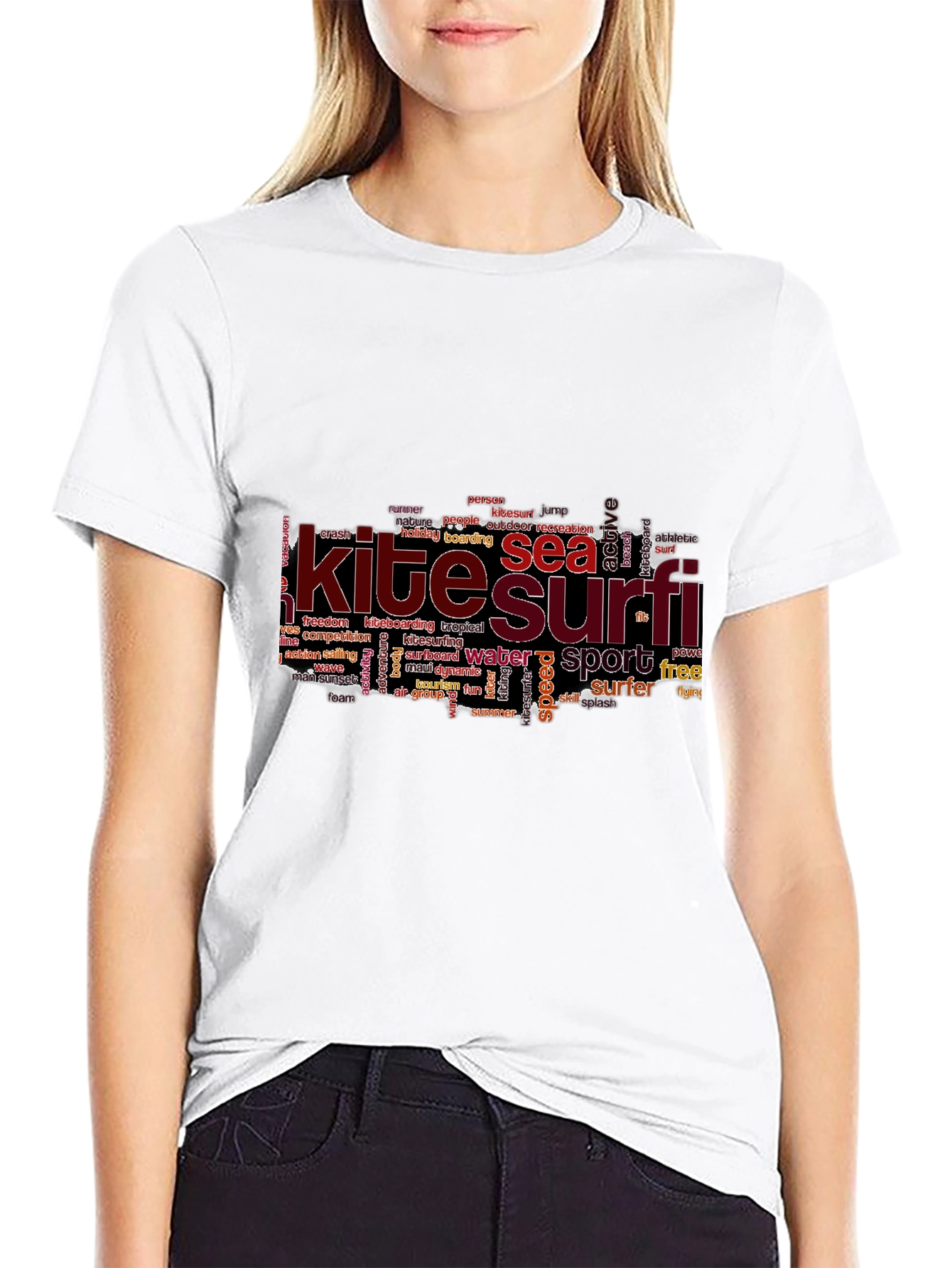 Kite Surf Tee - Sea Sport Word Art - Black Cotton Casual T-Shirt