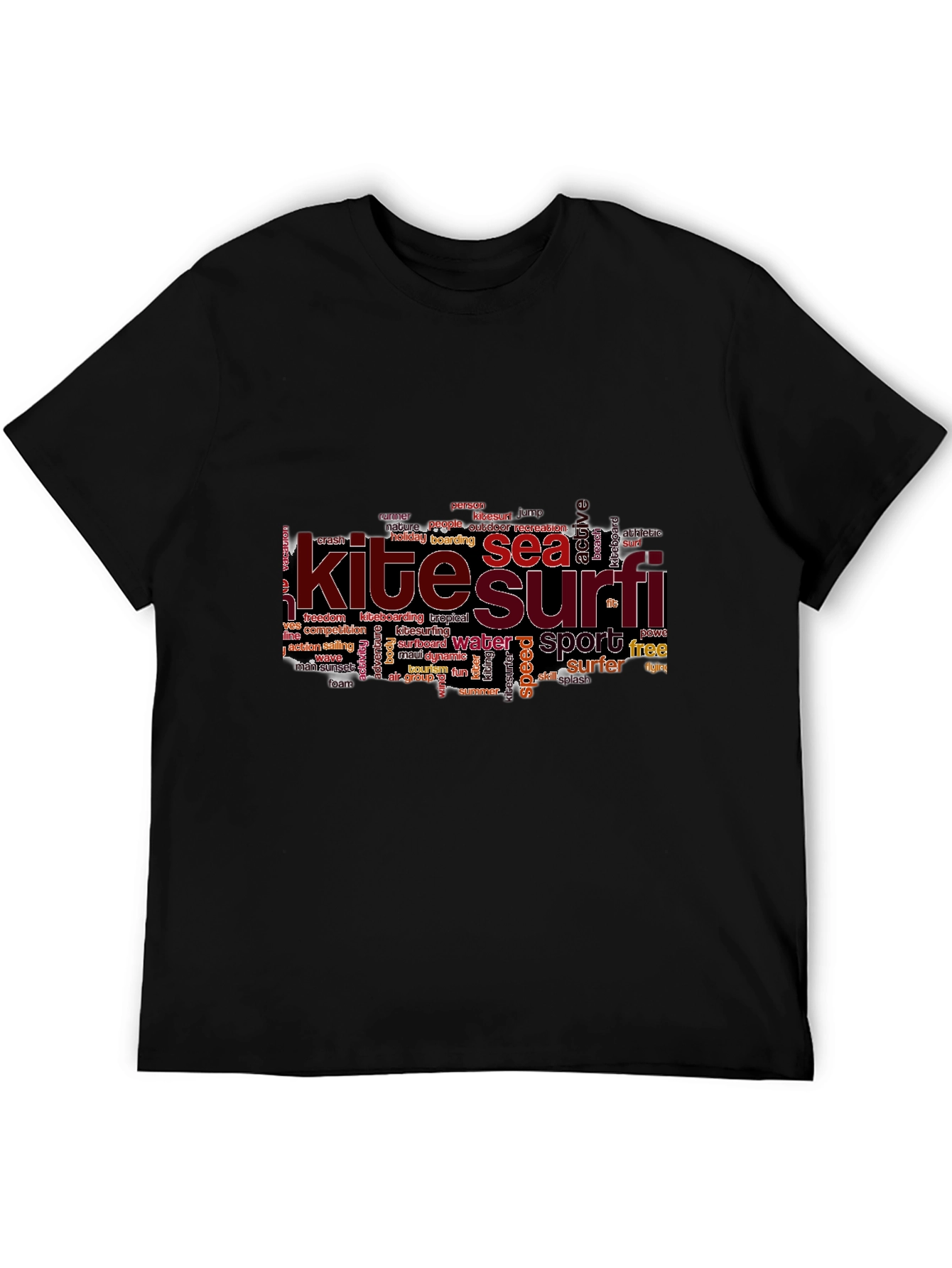 Kite Surf Tee - Sea Sport Word Art - Black Cotton Casual T-Shirt