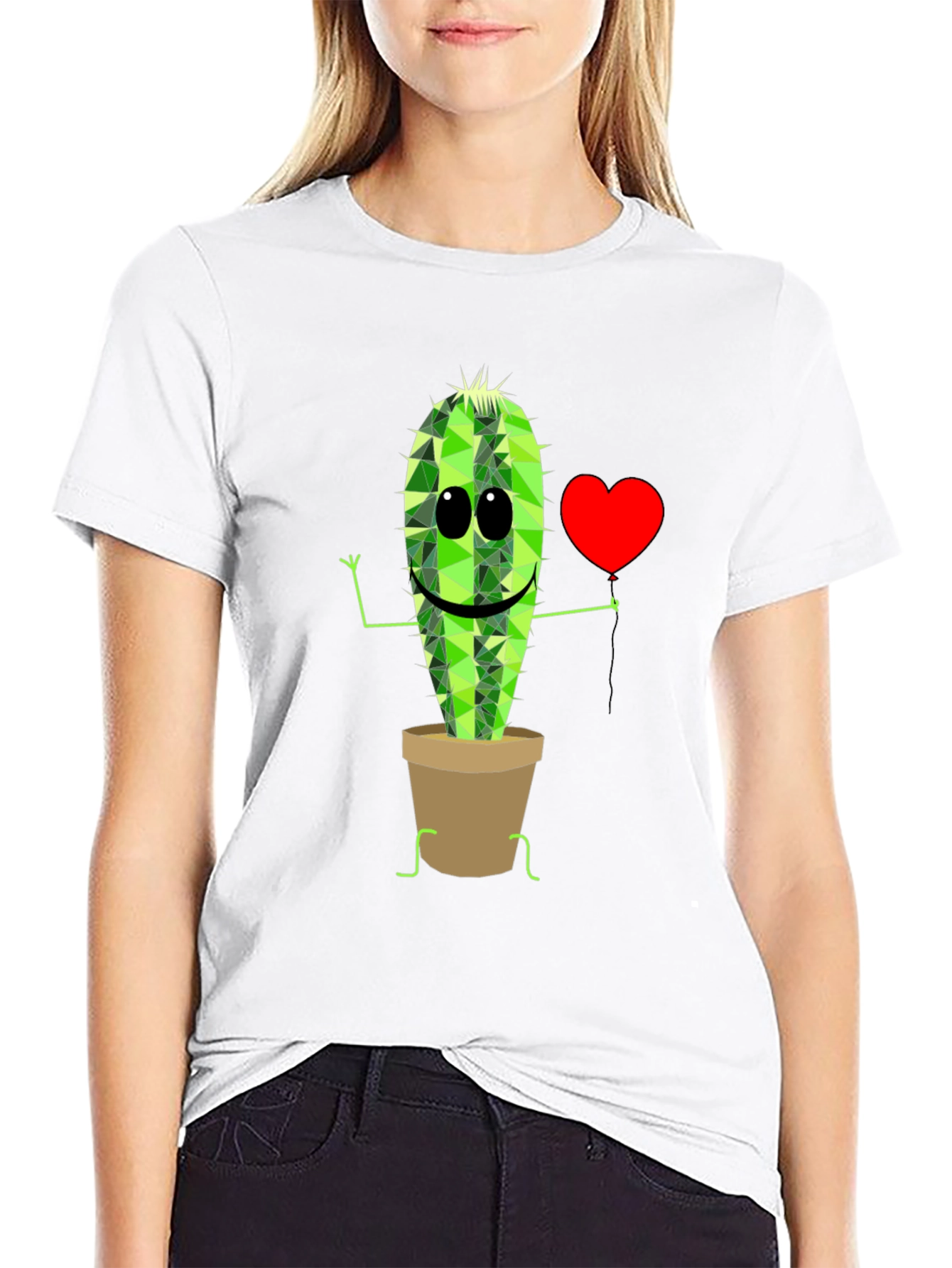 Cute Cactus in Pot Graphic T-Shirt - Black