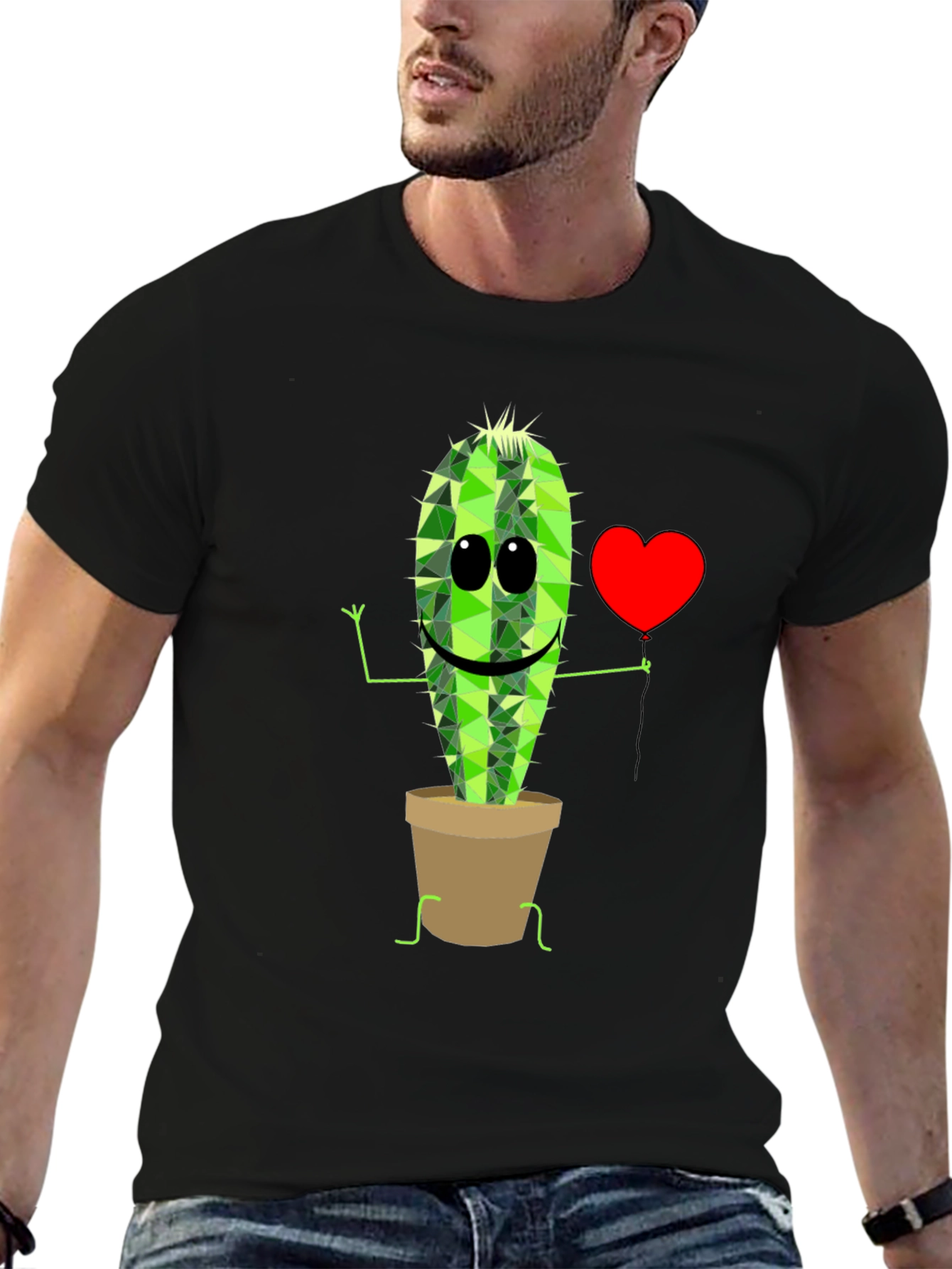 Cute Cactus in Pot Graphic T-Shirt - Black