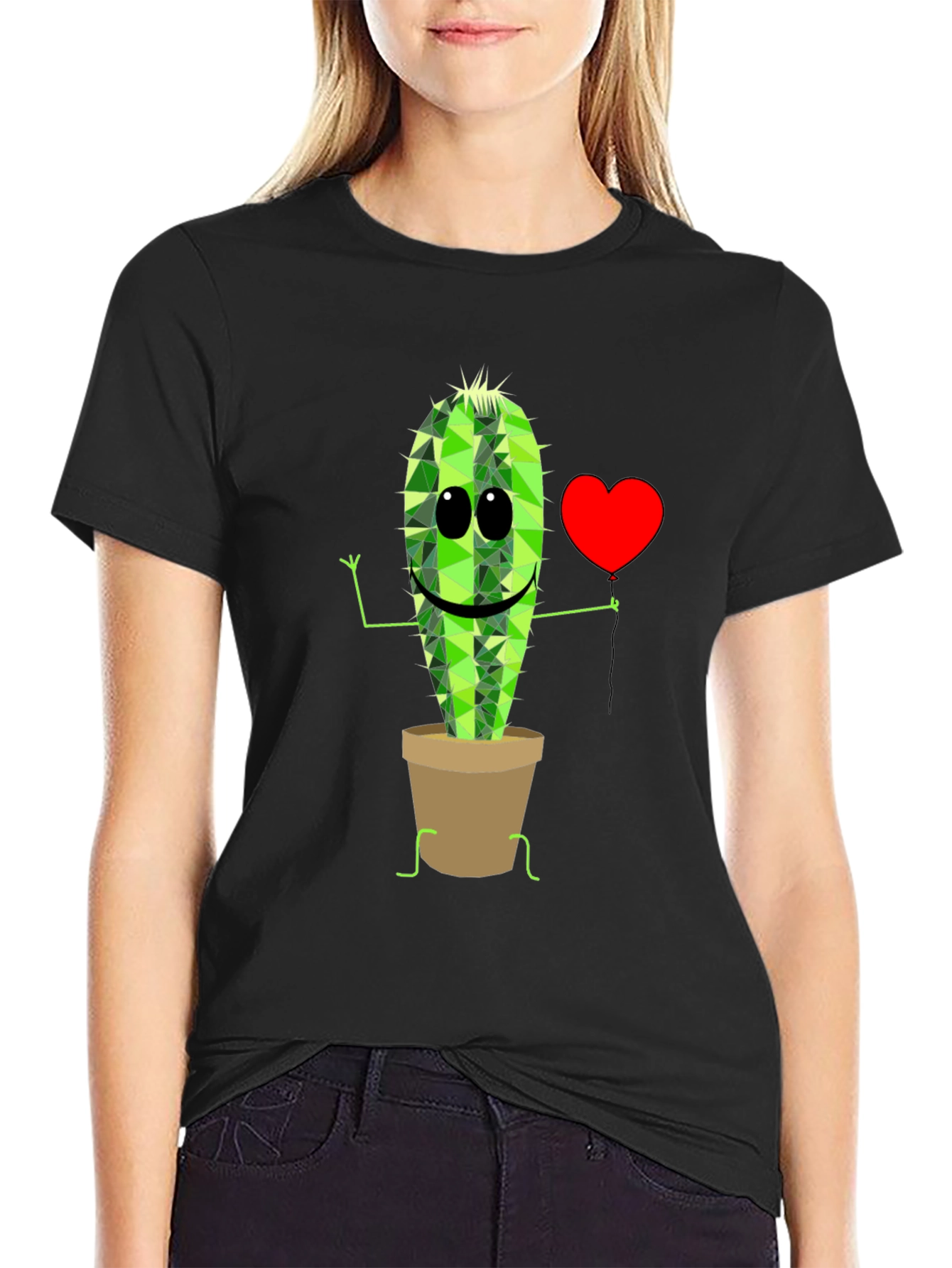 Cute Cactus in Pot Graphic T-Shirt - Black