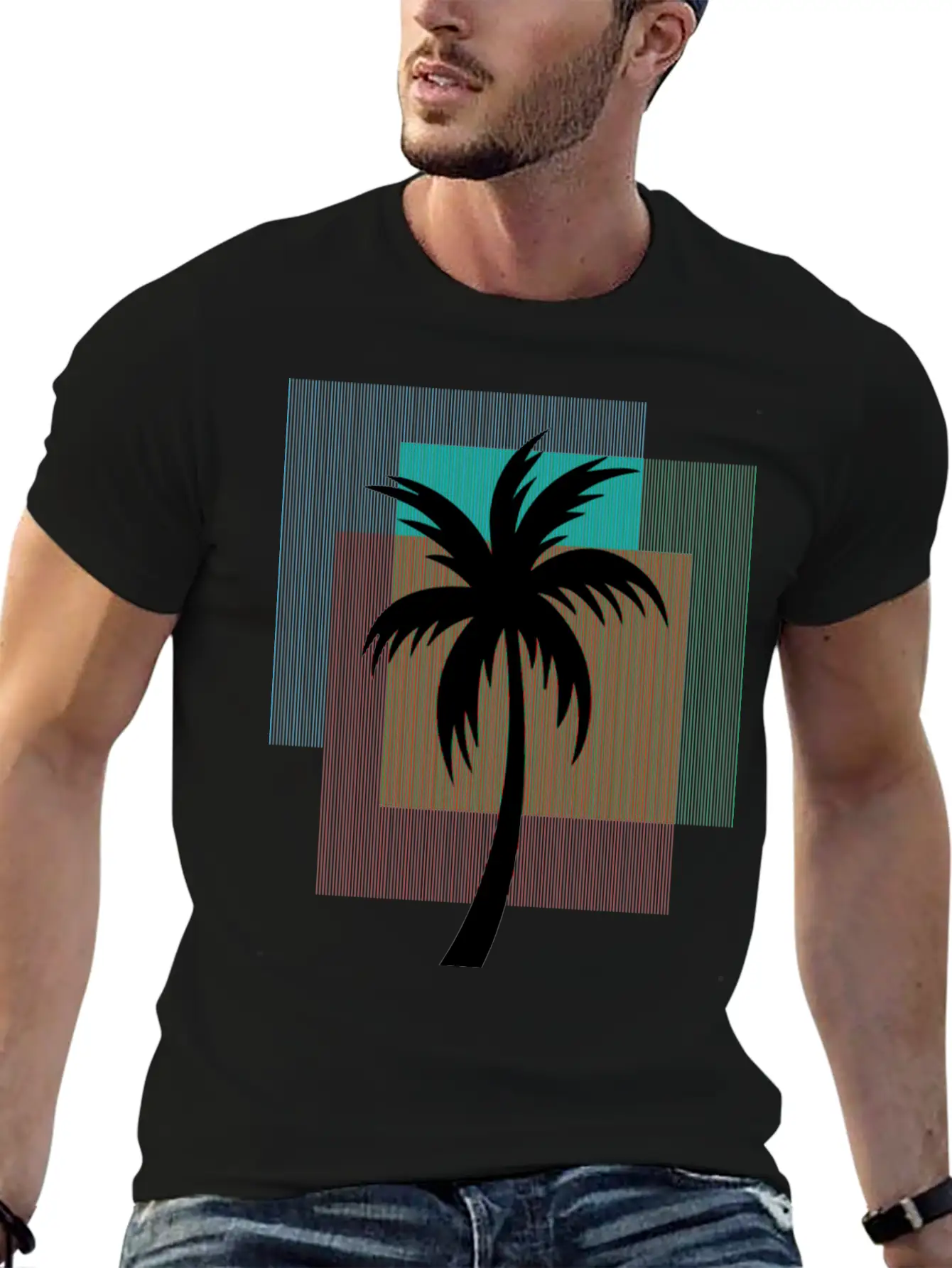 Palm Tree In Colorful Geometric Shapes Casual Graphic T-Shirt – Simple And Comfortable Daily Wear