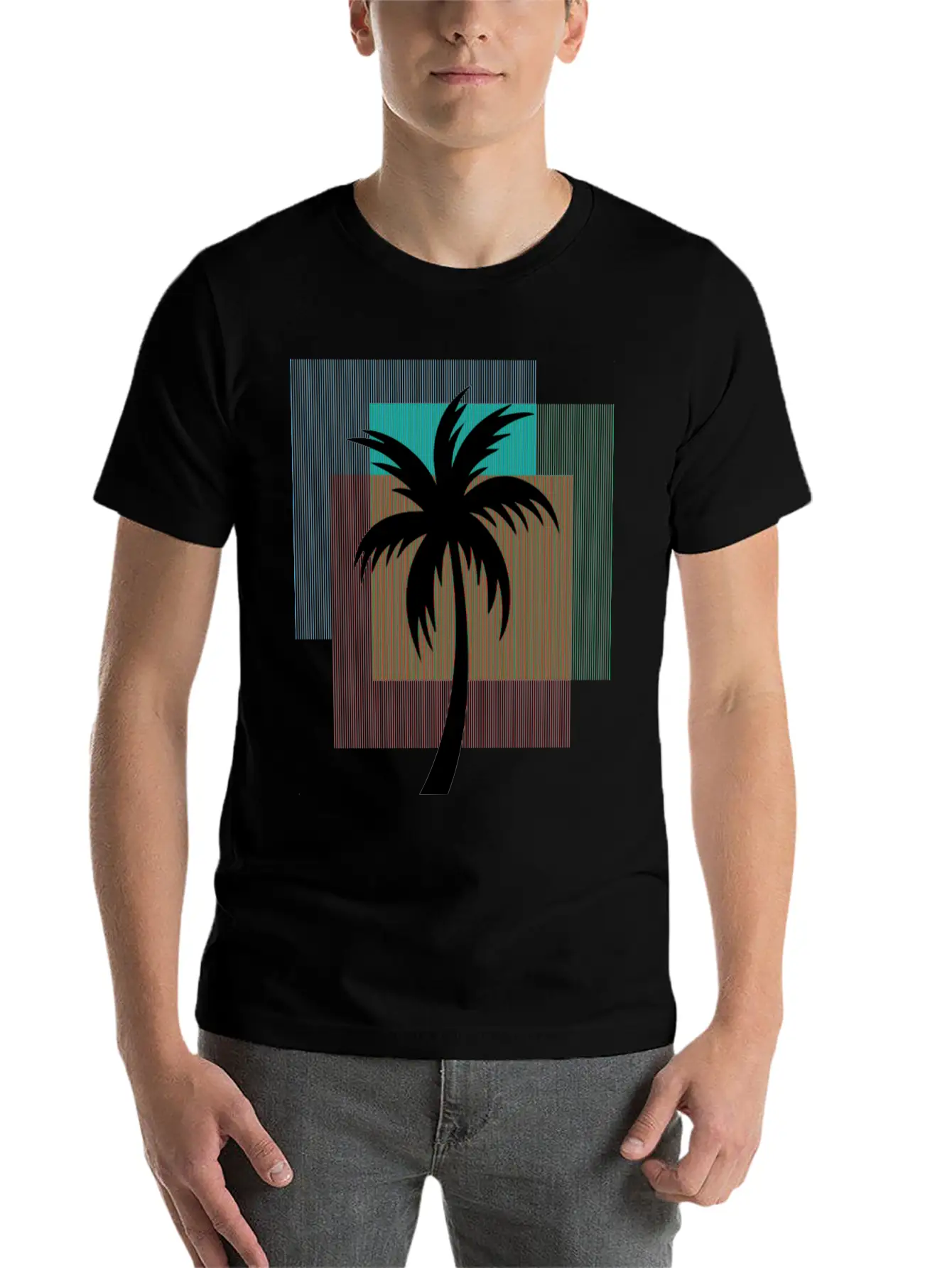 Palm Tree In Colorful Geometric Shapes Casual Graphic T-Shirt – Simple And Comfortable Daily Wear
