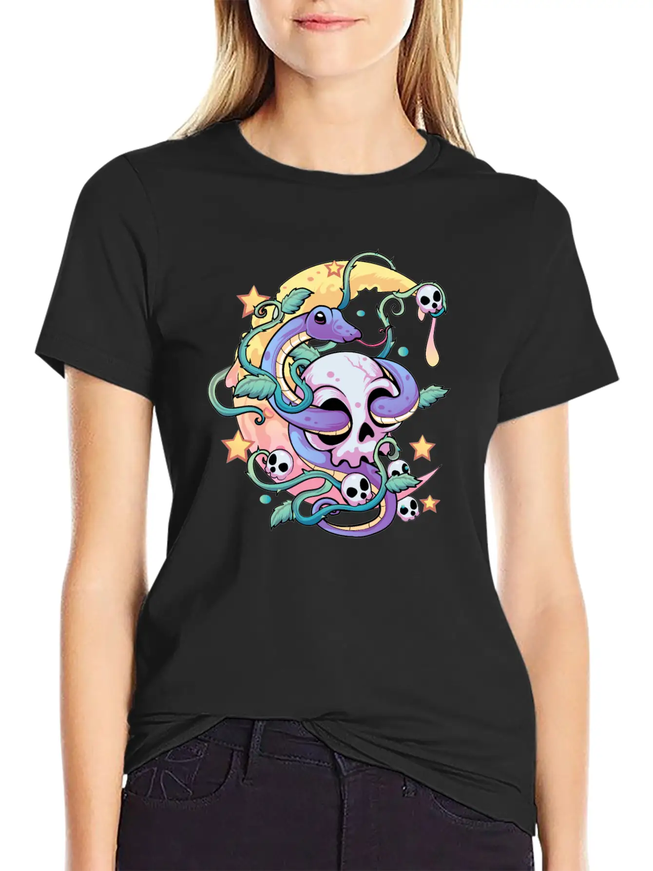 Pastel Goth Snake Skull Breathable Soft Cotton T-Shirt – Timeless Casual Look