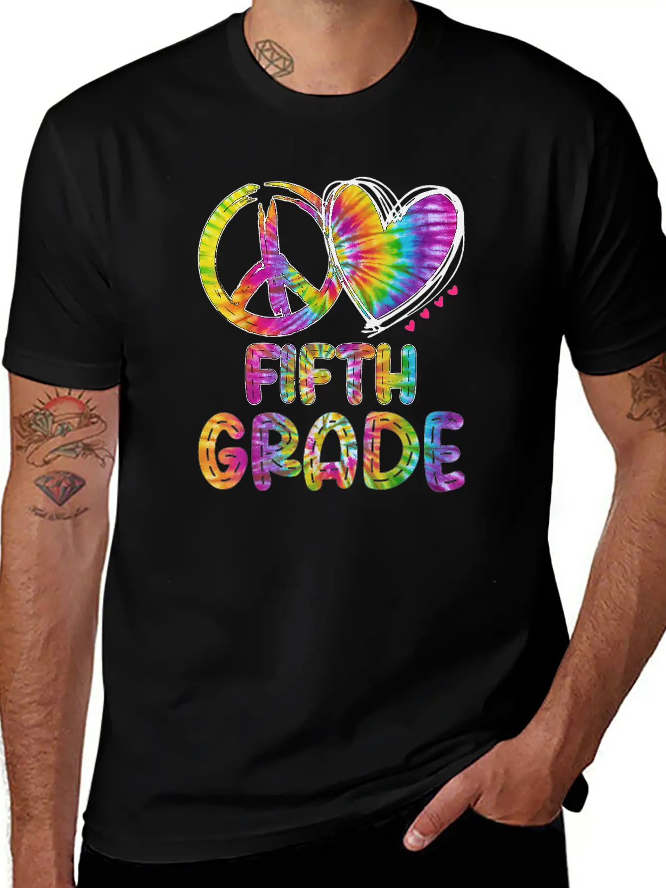 Peace Love Fifth Grade Funny Tie Dye Back School Unisex Short Sleeve Soft Cotton T-Shirt – Casual Everyday Wear