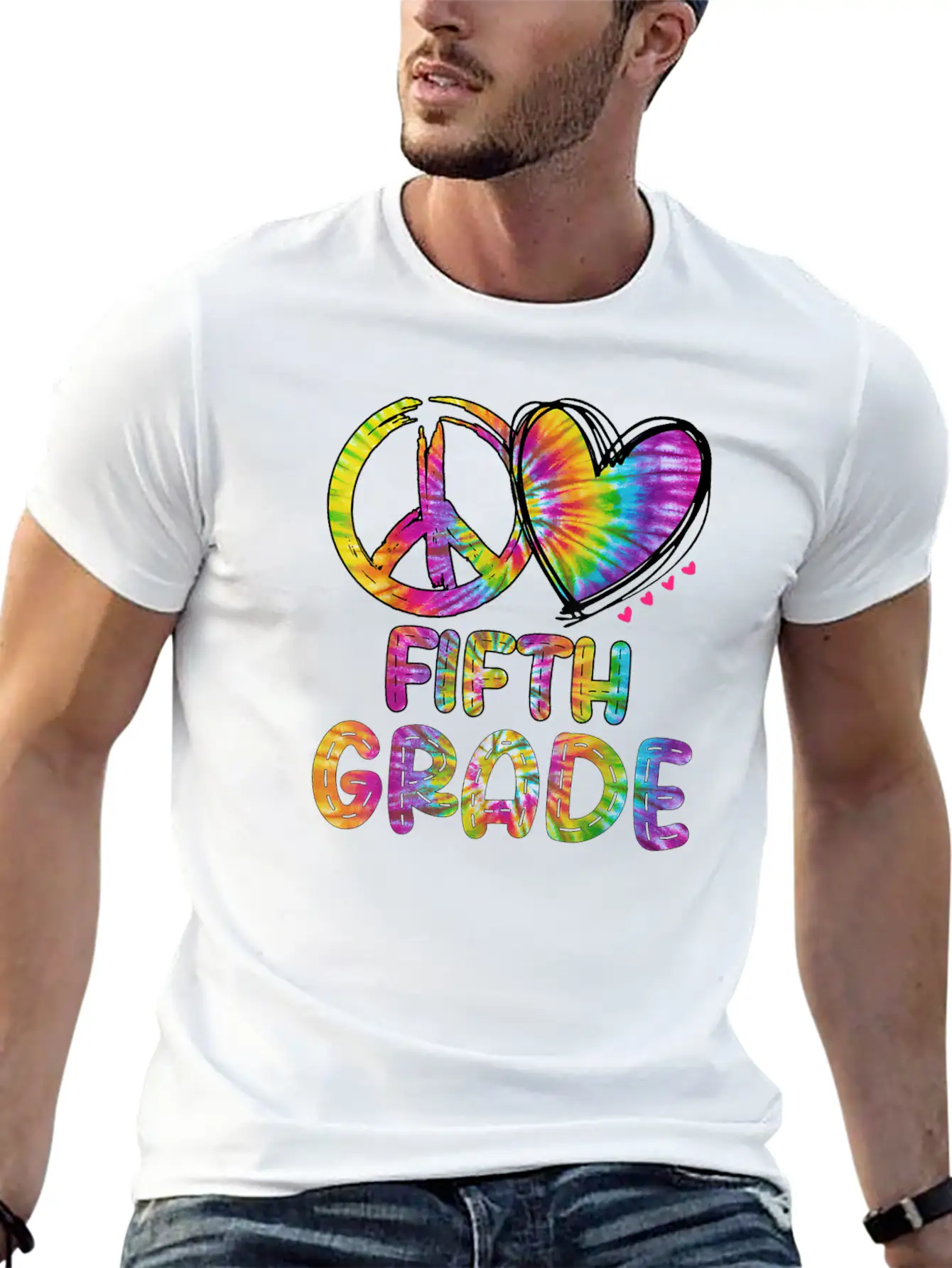 Peace Love Fifth Grade Funny Tie Dye Back School Unisex Short Sleeve Soft Cotton T-Shirt – Casual Everyday Wear