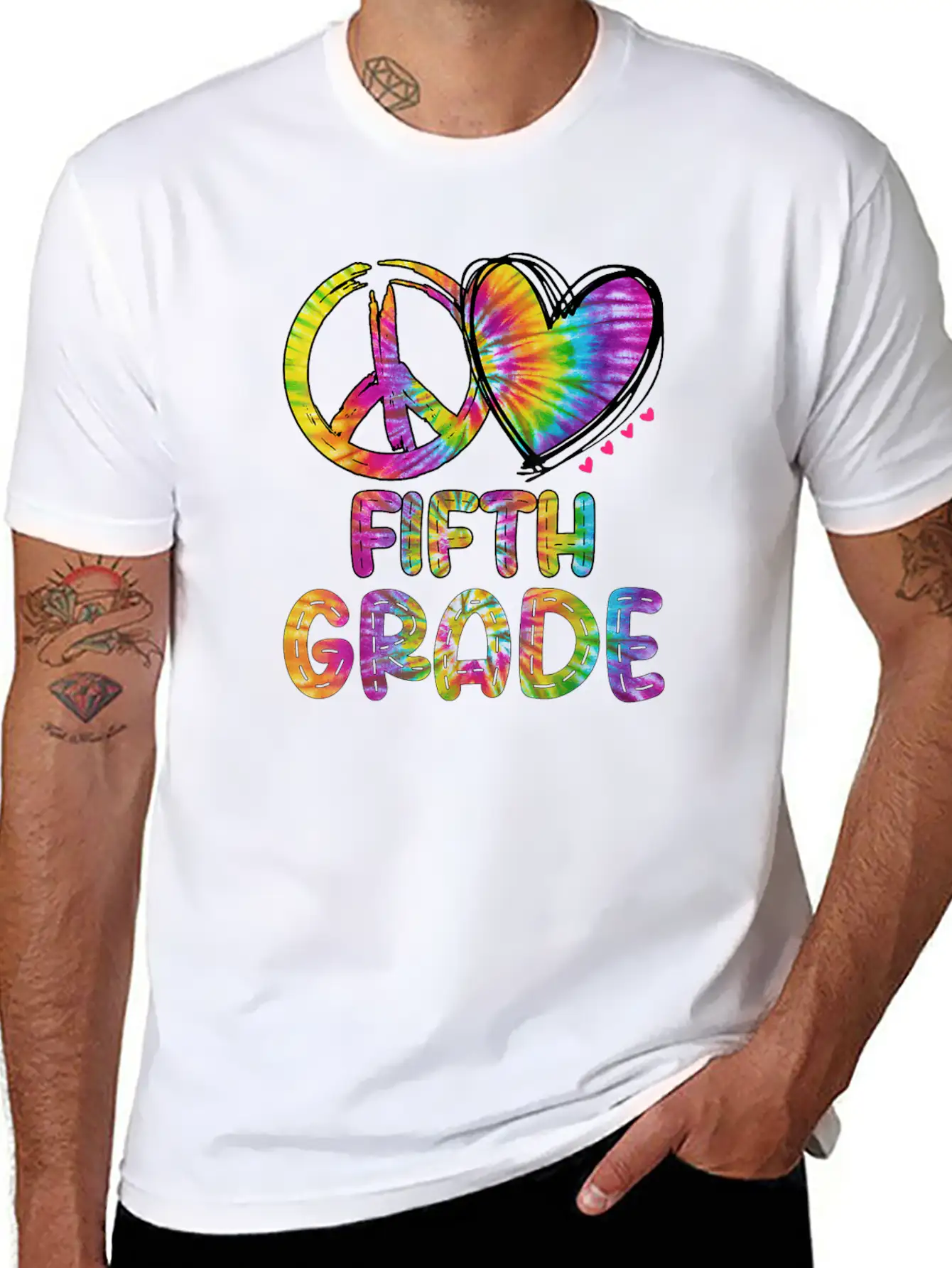 Peace Love Fifth Grade Funny Tie Dye Back School Unisex Short Sleeve Soft Cotton T-Shirt – Casual Everyday Wear