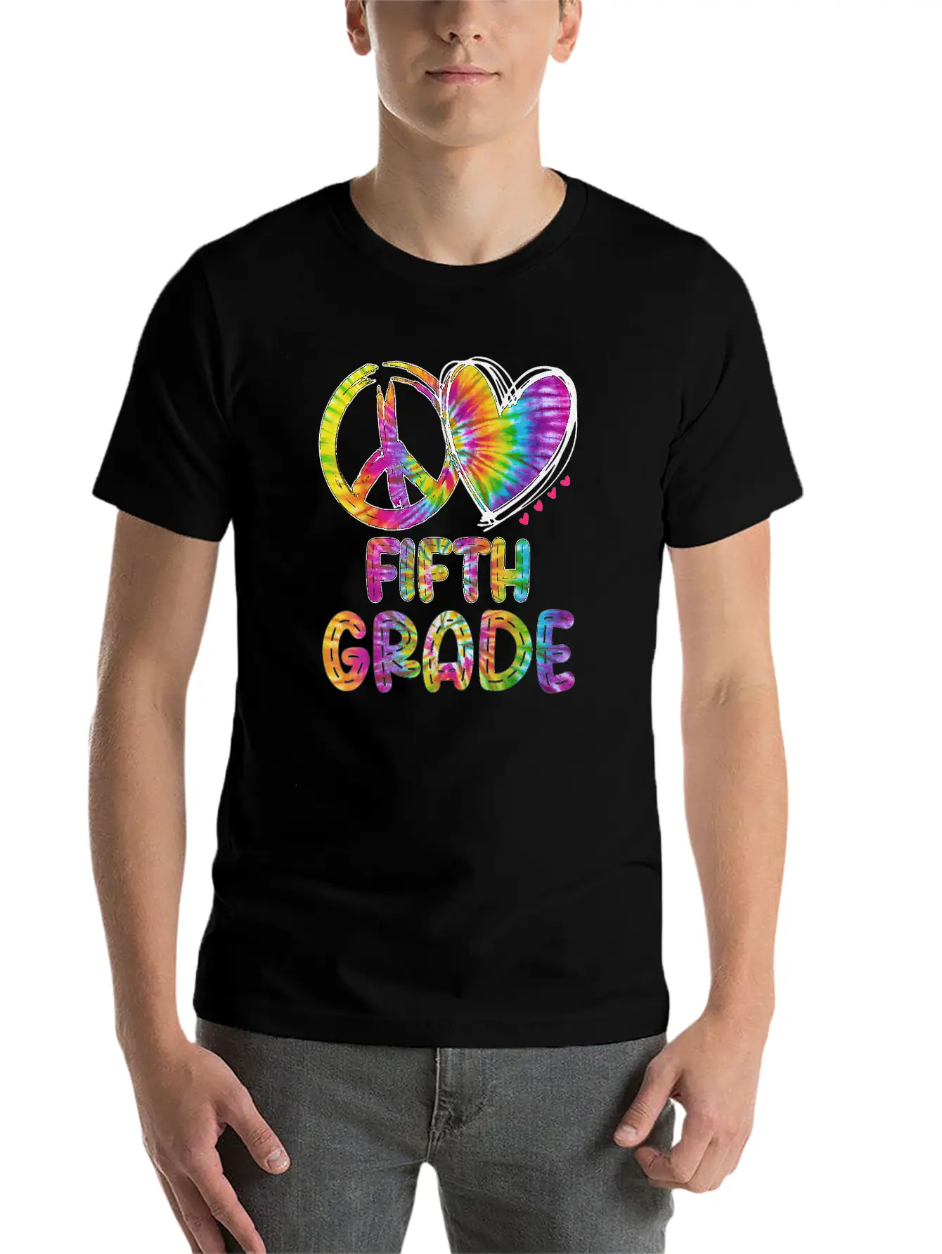 Peace Love Fifth Grade Funny Tie Dye Back School Unisex Short Sleeve Soft Cotton T-Shirt – Casual Everyday Wear