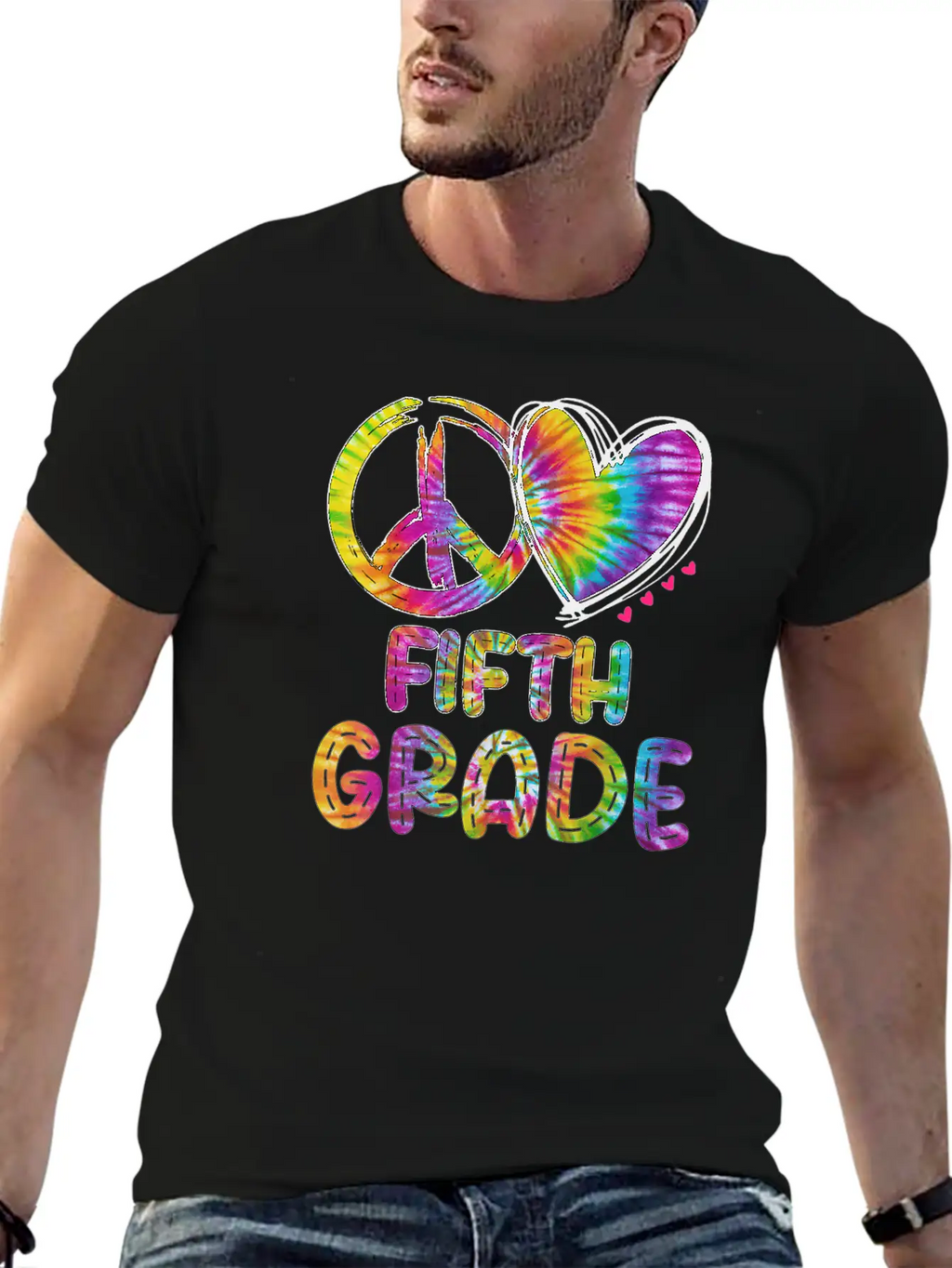 Peace Love Fifth Grade Funny Tie Dye Back School Unisex Short Sleeve Soft Cotton T-Shirt – Casual Everyday Wear