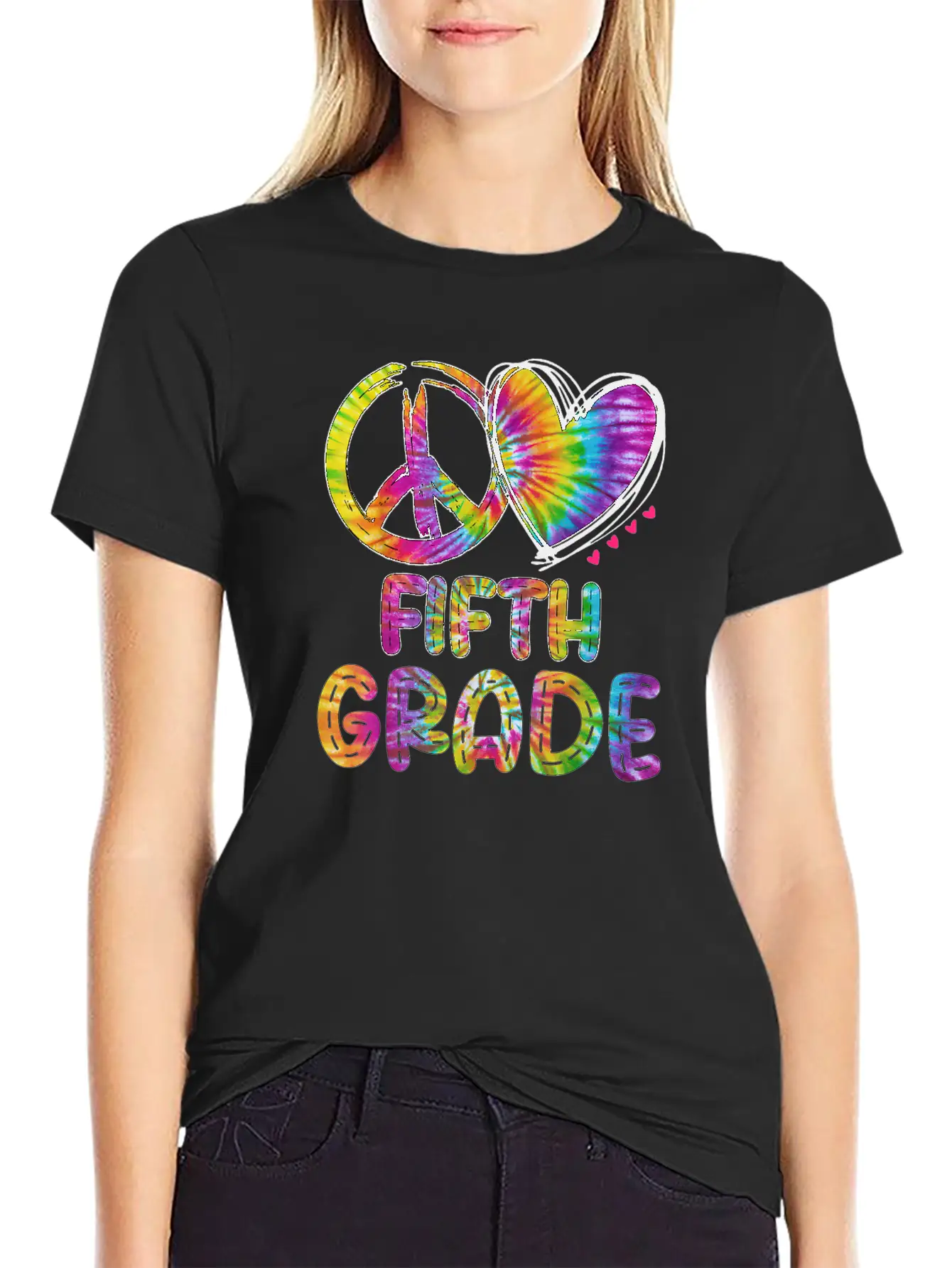 Peace Love Fifth Grade Funny Tie Dye Back School Unisex Short Sleeve Soft Cotton T-Shirt – Casual Everyday Wear
