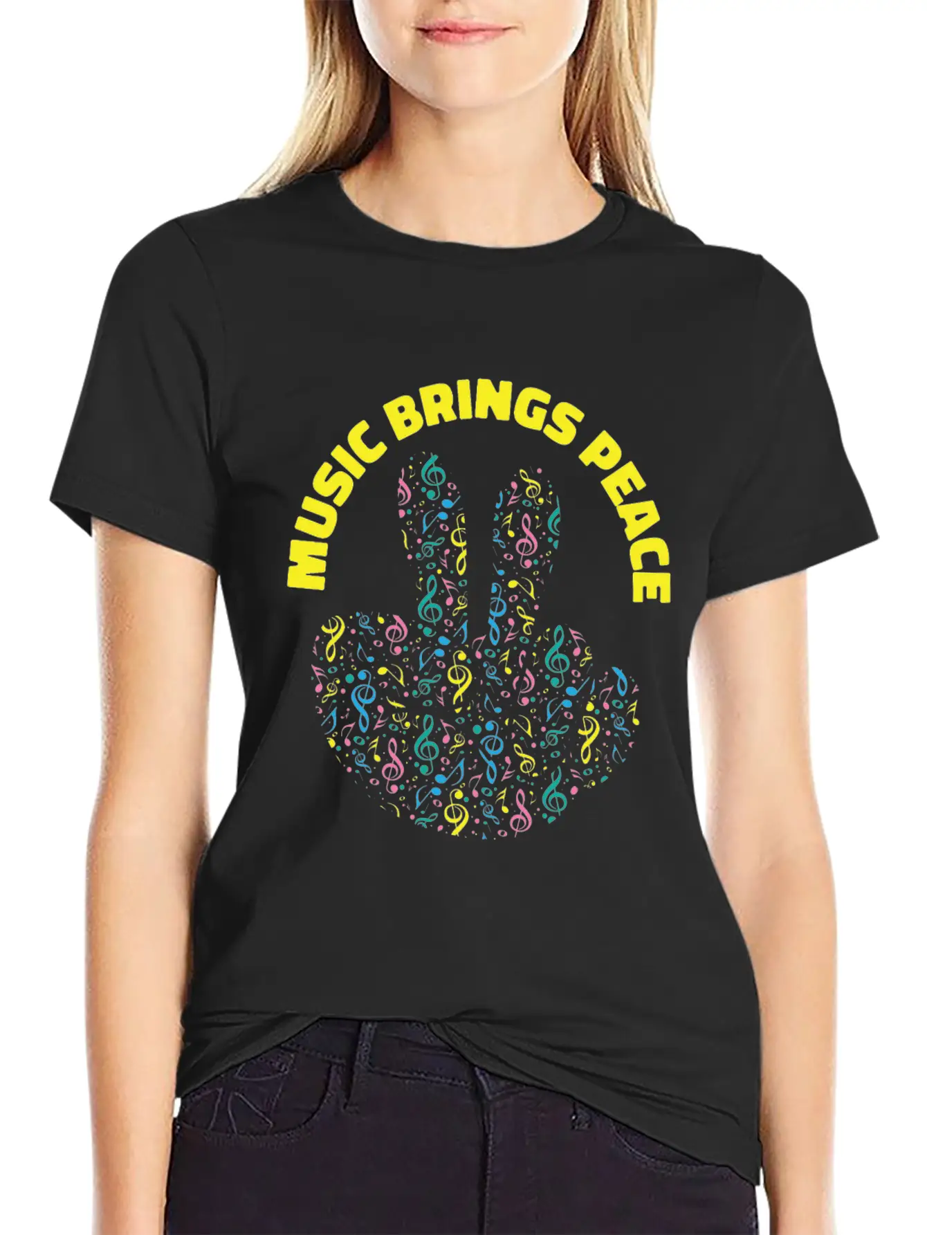 Peace Lover Music Notes Musician Peace Sign Music Stylish Everyday T-Shirt – Unisex Basic Cotton Tee
