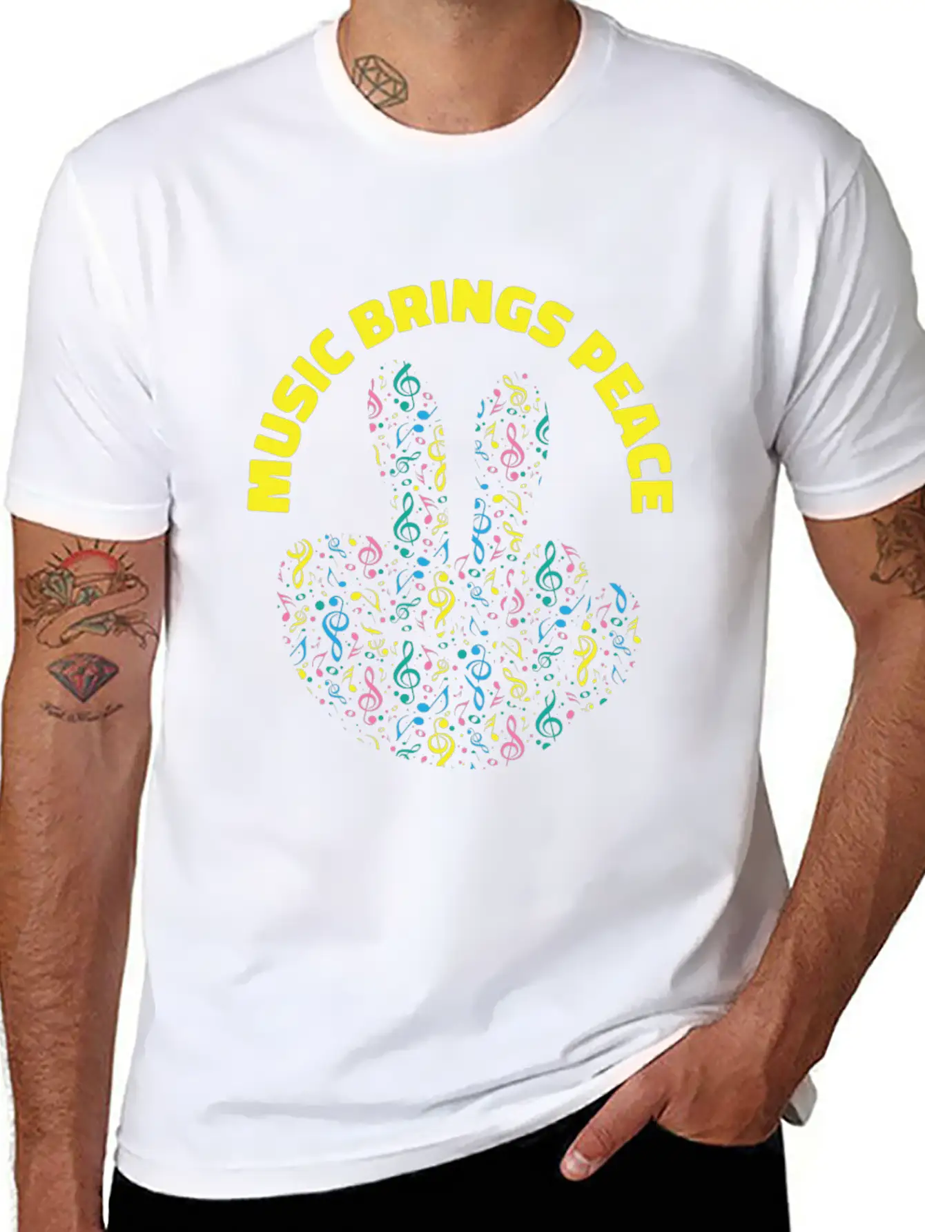 Peace Lover Music Notes Musician Peace Sign Music Stylish Everyday T-Shirt – Unisex Basic Cotton Tee