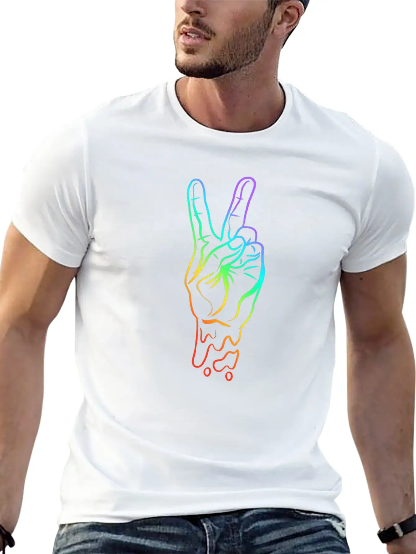 Peace Peace Hand Sign Rainbow Colors Breathable Soft Cotton T-Shirt – Timeless Casual Look