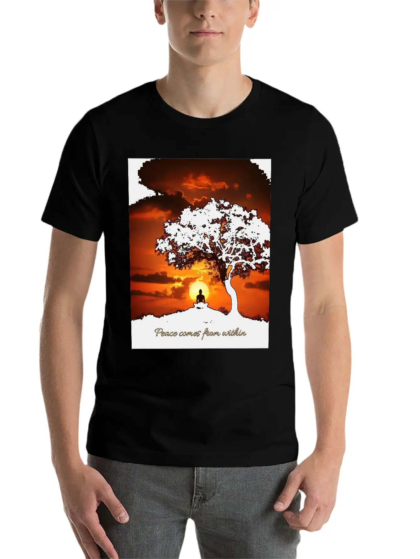 Peaceful Sunset Meditation Stylish Everyday T-Shirt – Unisex Basic Cotton Tee