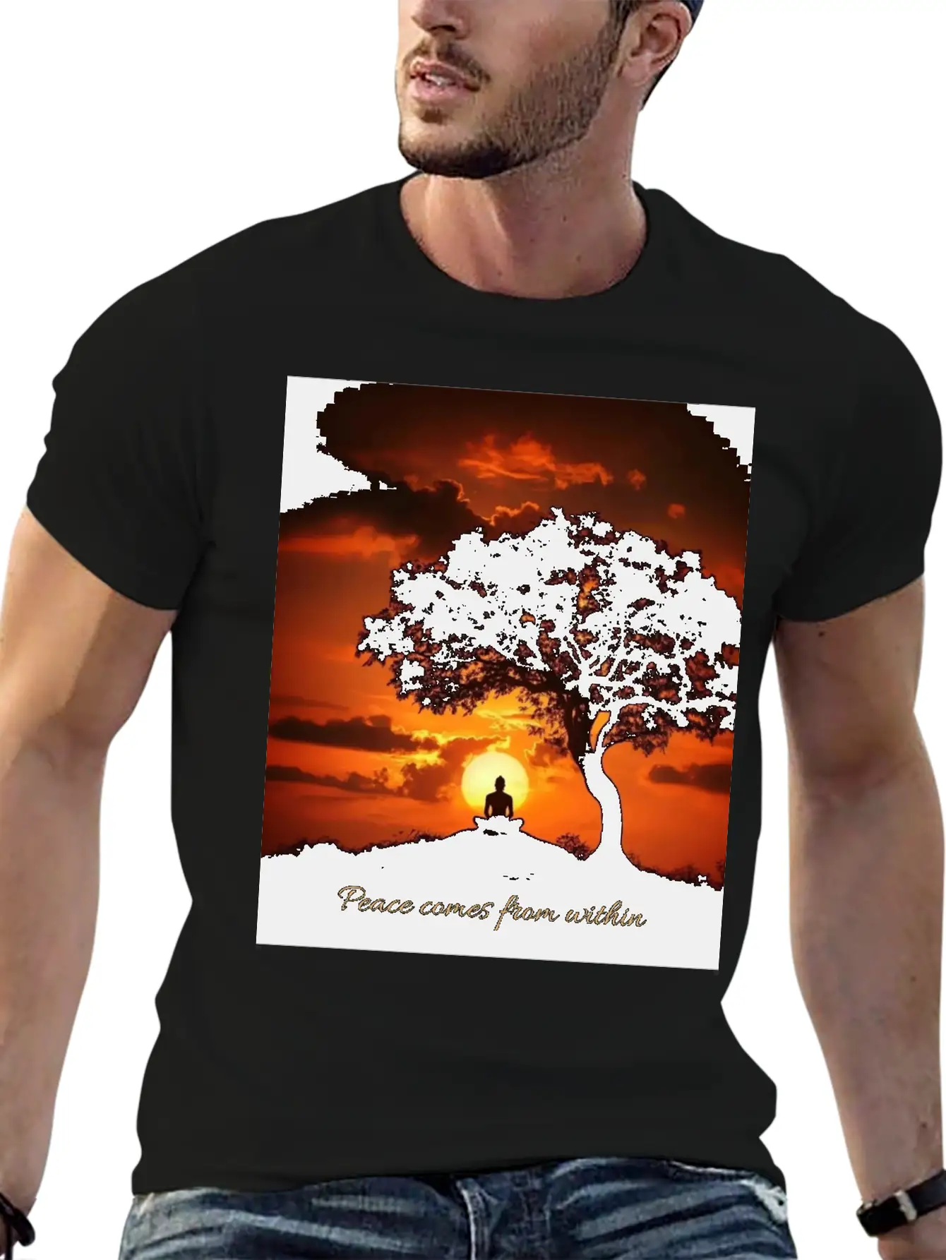 Peaceful Sunset Meditation Stylish Everyday T-Shirt – Unisex Basic Cotton Tee