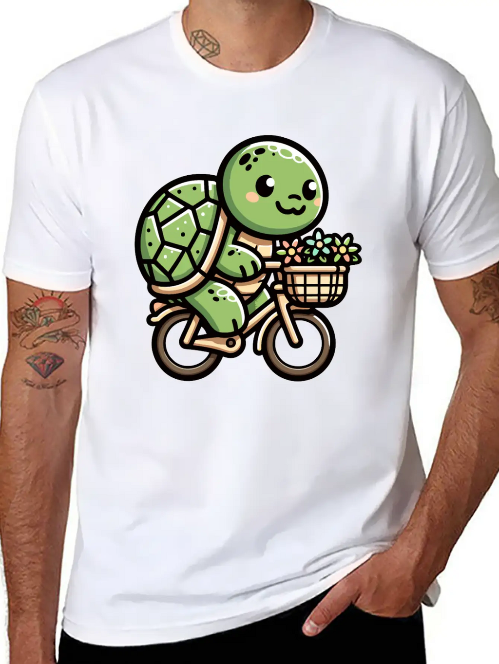 Pedaling Petals: Turtle's Flower Delivery Essential Cotton Tee For Daily Outfits – Unisex Style