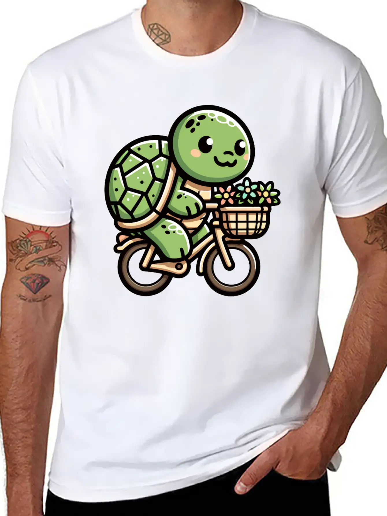 Pedaling Petals: Turtle's Flower Delivery Essential Cotton Tee For Daily Outfits – Unisex Style