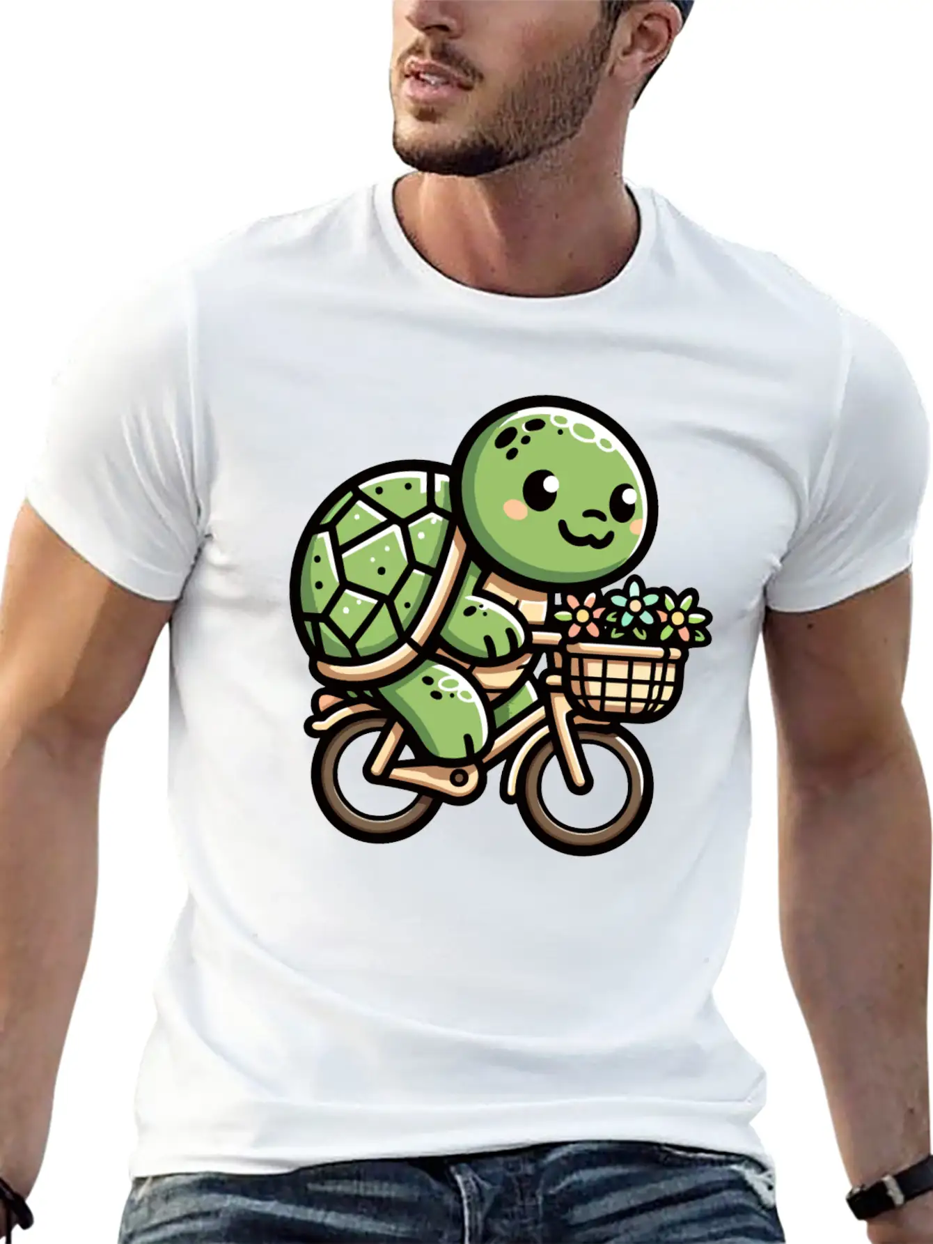 Pedaling Petals: Turtle's Flower Delivery Essential Cotton Tee For Daily Outfits – Unisex Style