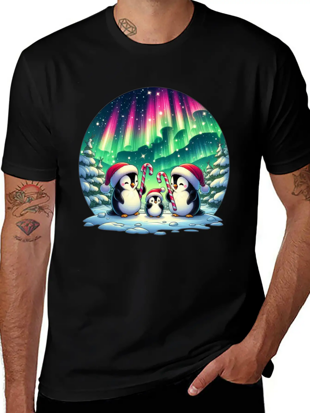 Penguin Family Christmas Under The Aurora Casual Graphic T-Shirt – Simple And Comfortable Daily Wear