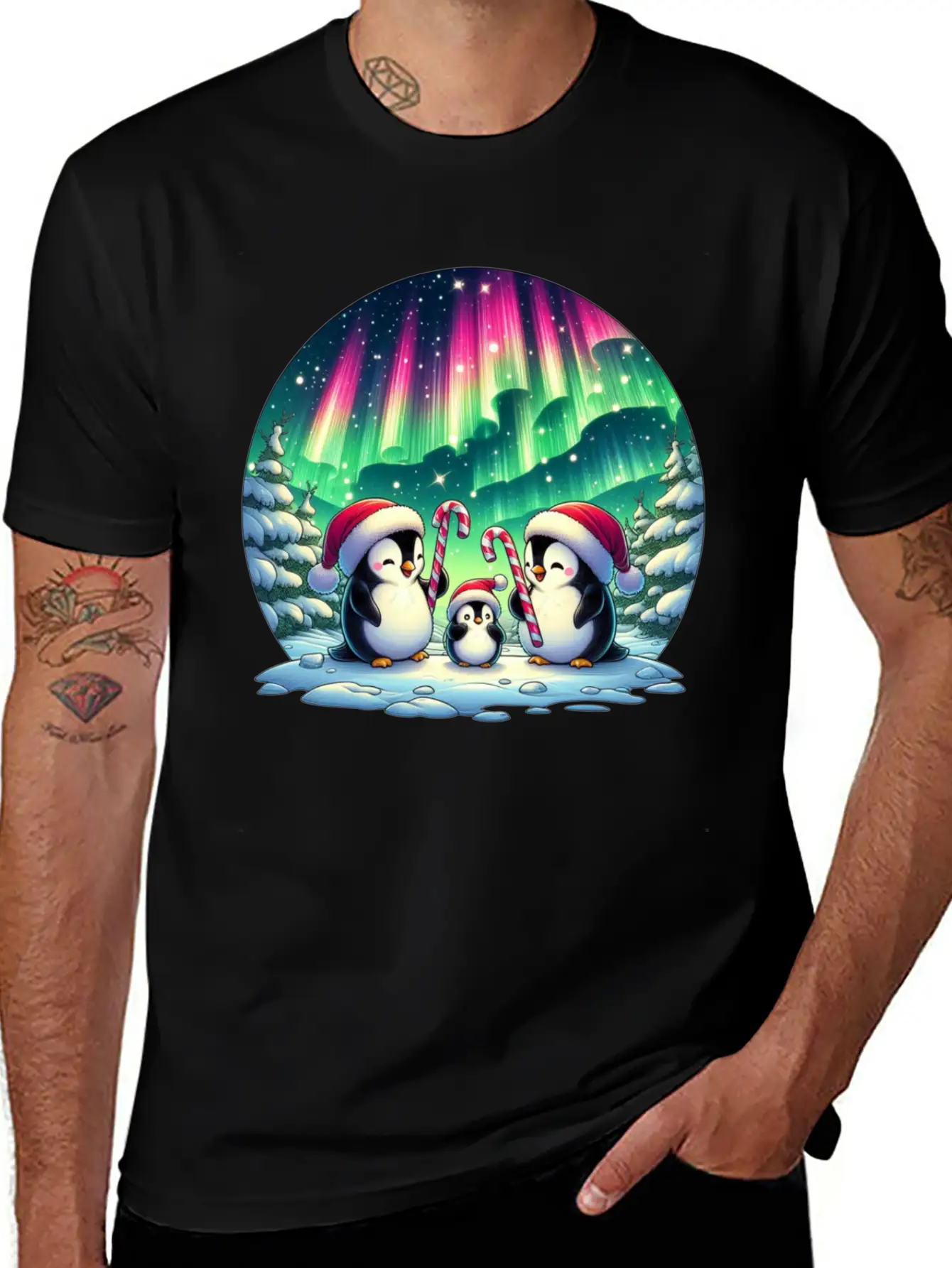 Penguin Family Christmas Under The Aurora Casual Graphic T-Shirt – Simple And Comfortable Daily Wear