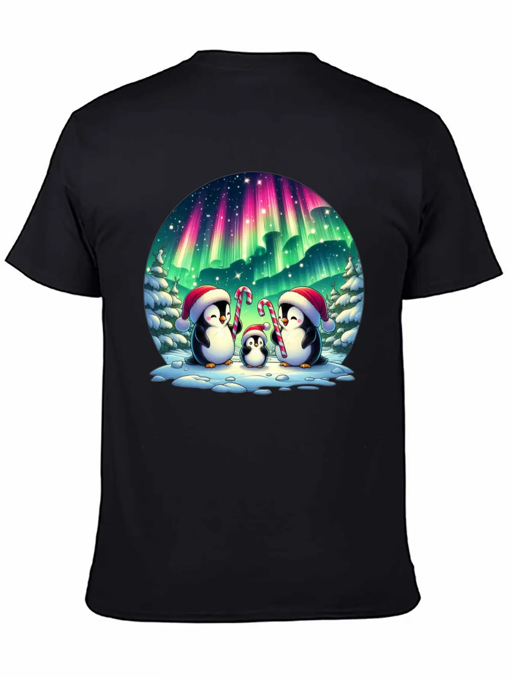 Penguin Family Christmas Under The Aurora Casual Graphic T-Shirt – Simple And Comfortable Daily Wear