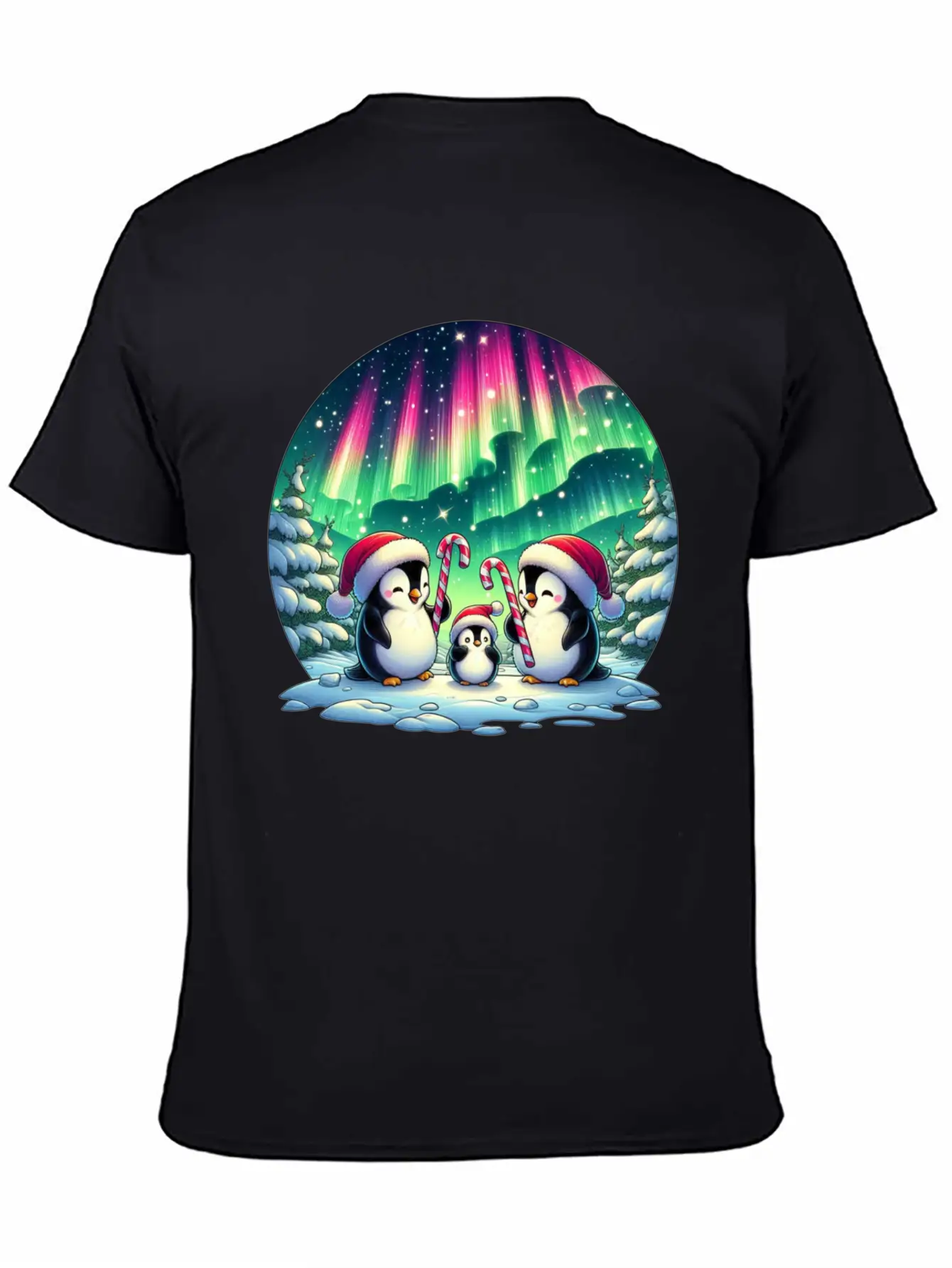 Penguin Family Christmas Under The Aurora Casual Graphic T-Shirt – Simple And Comfortable Daily Wear