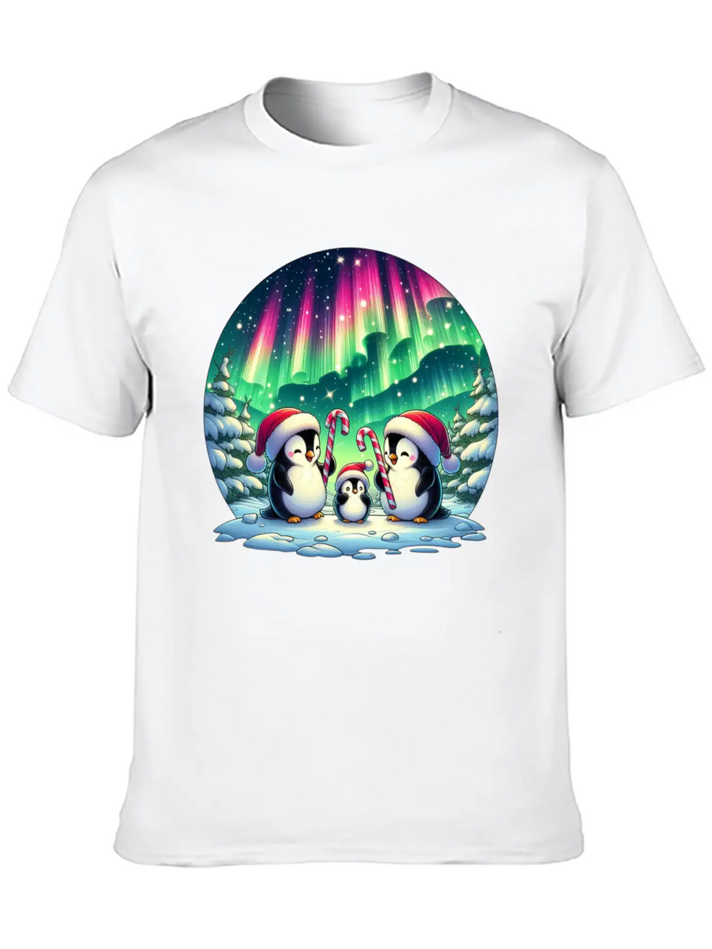 Penguin Family Christmas Under The Aurora Casual Graphic T-Shirt – Simple And Comfortable Daily Wear