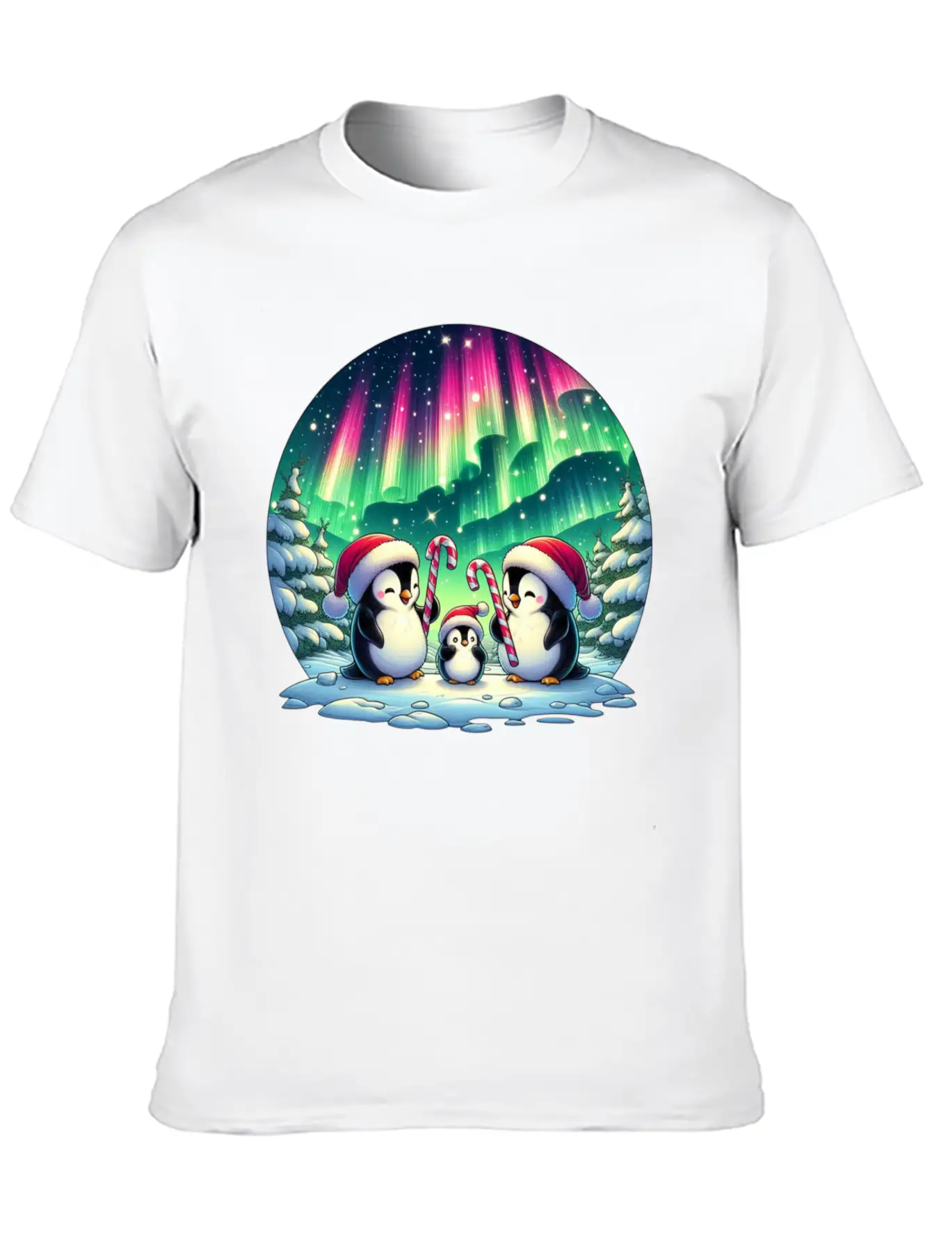 Penguin Family Christmas Under The Aurora Casual Graphic T-Shirt – Simple And Comfortable Daily Wear