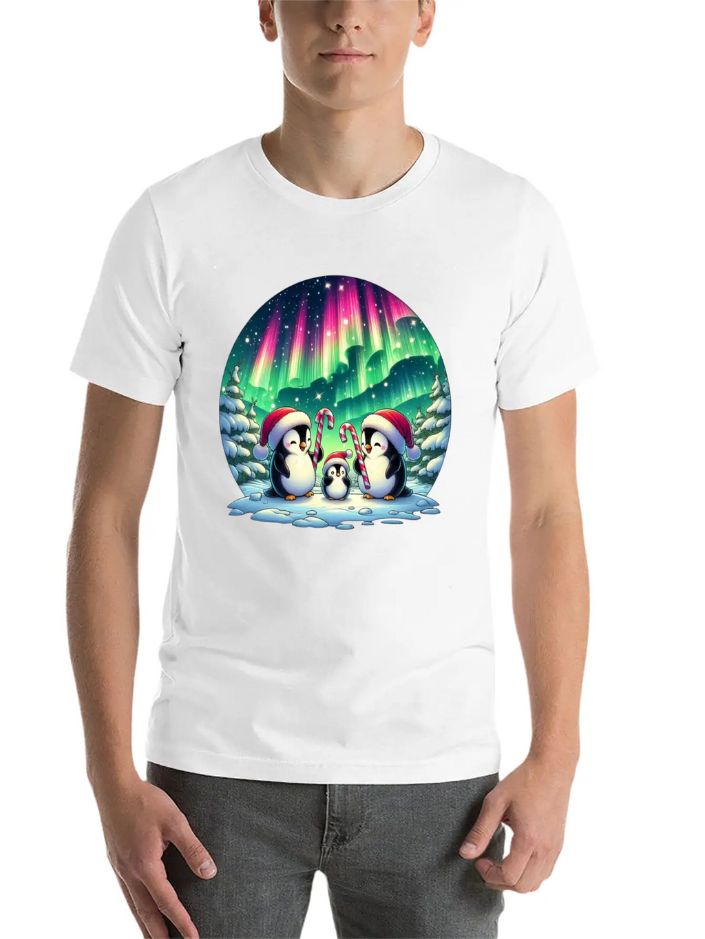 Penguin Family Christmas Under The Aurora Casual Graphic T-Shirt – Simple And Comfortable Daily Wear