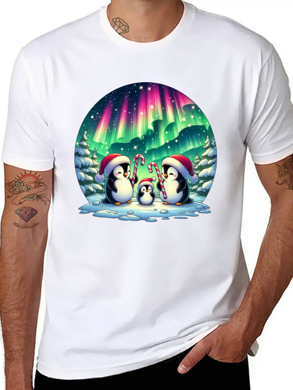 Penguin Family Christmas Under The Aurora Casual Graphic T-Shirt – Simple And Comfortable Daily Wear