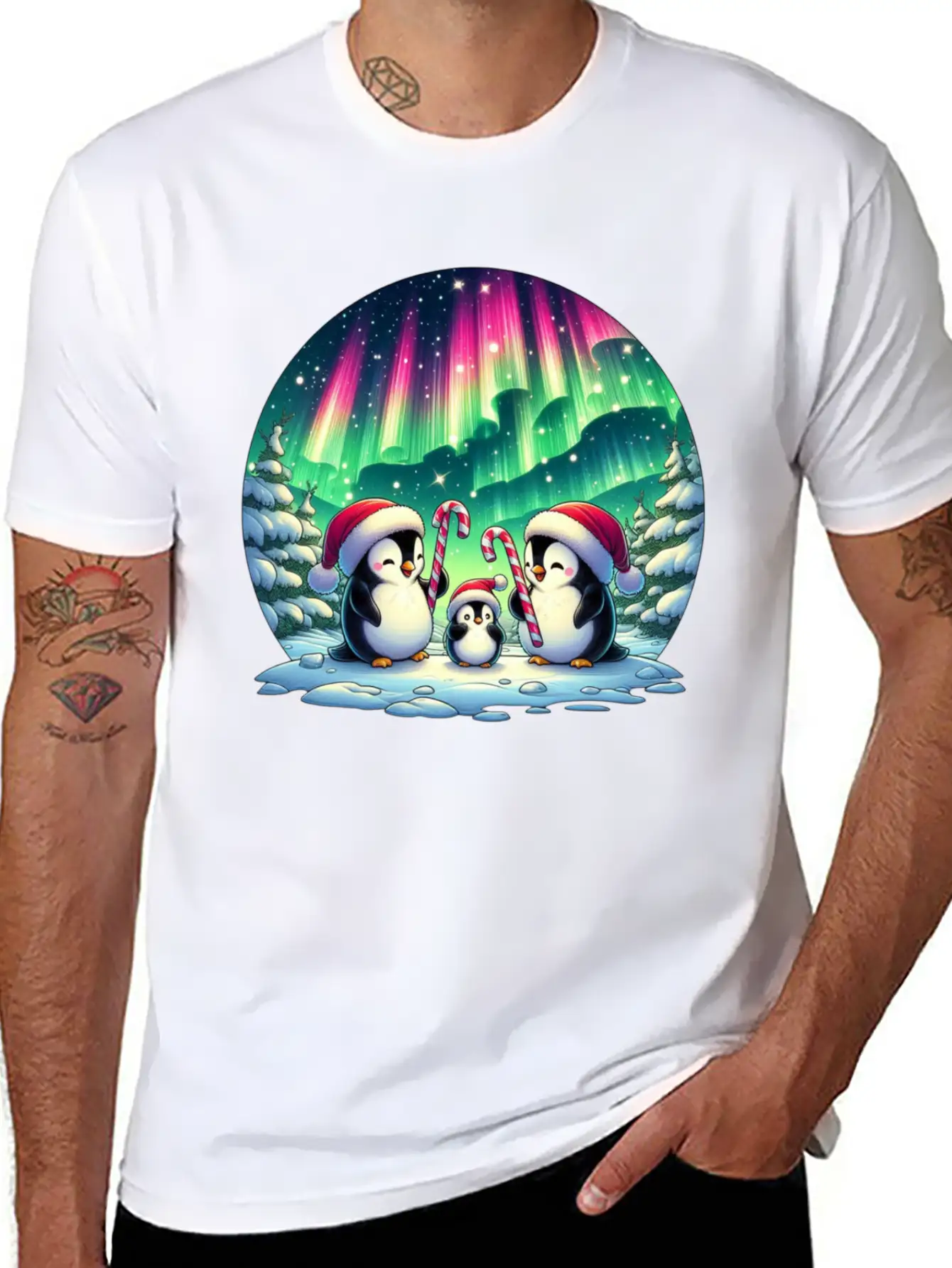 Penguin Family Christmas Under The Aurora Casual Graphic T-Shirt – Simple And Comfortable Daily Wear
