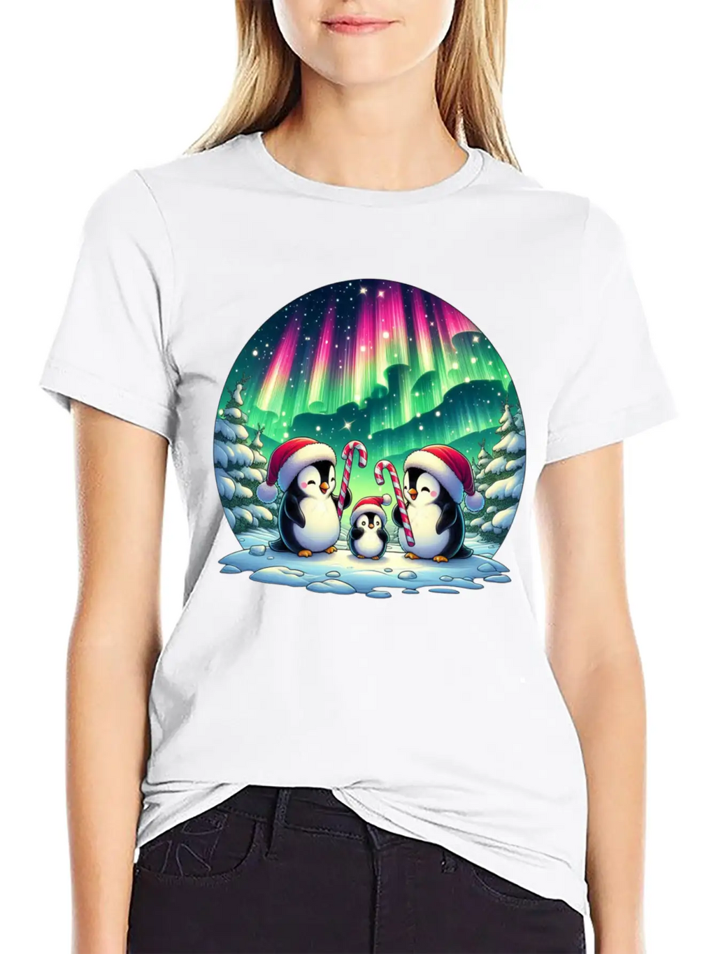 Penguin Family Christmas Under The Aurora Casual Graphic T-Shirt – Simple And Comfortable Daily Wear