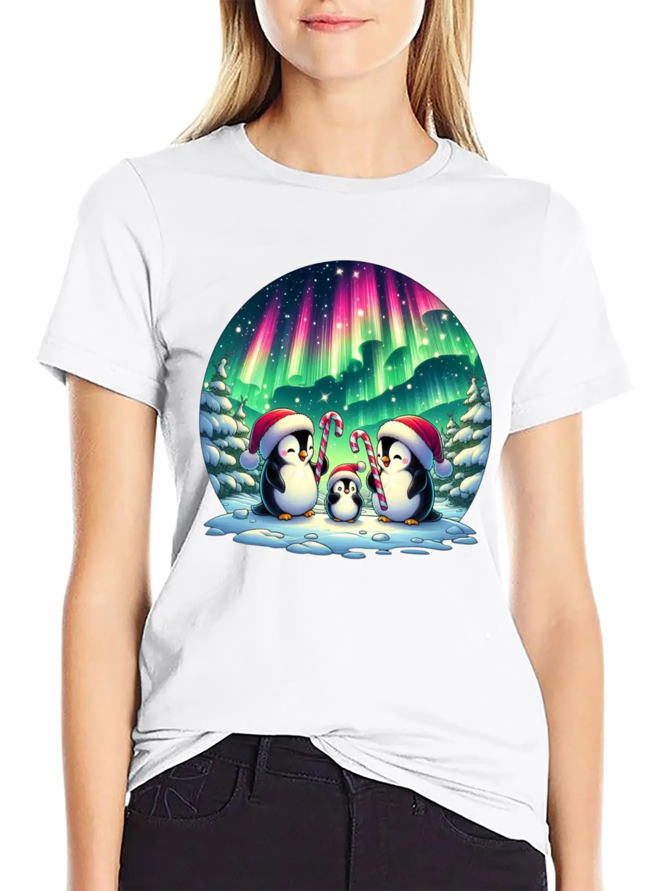 Penguin Family Christmas Under The Aurora Casual Graphic T-Shirt – Simple And Comfortable Daily Wear