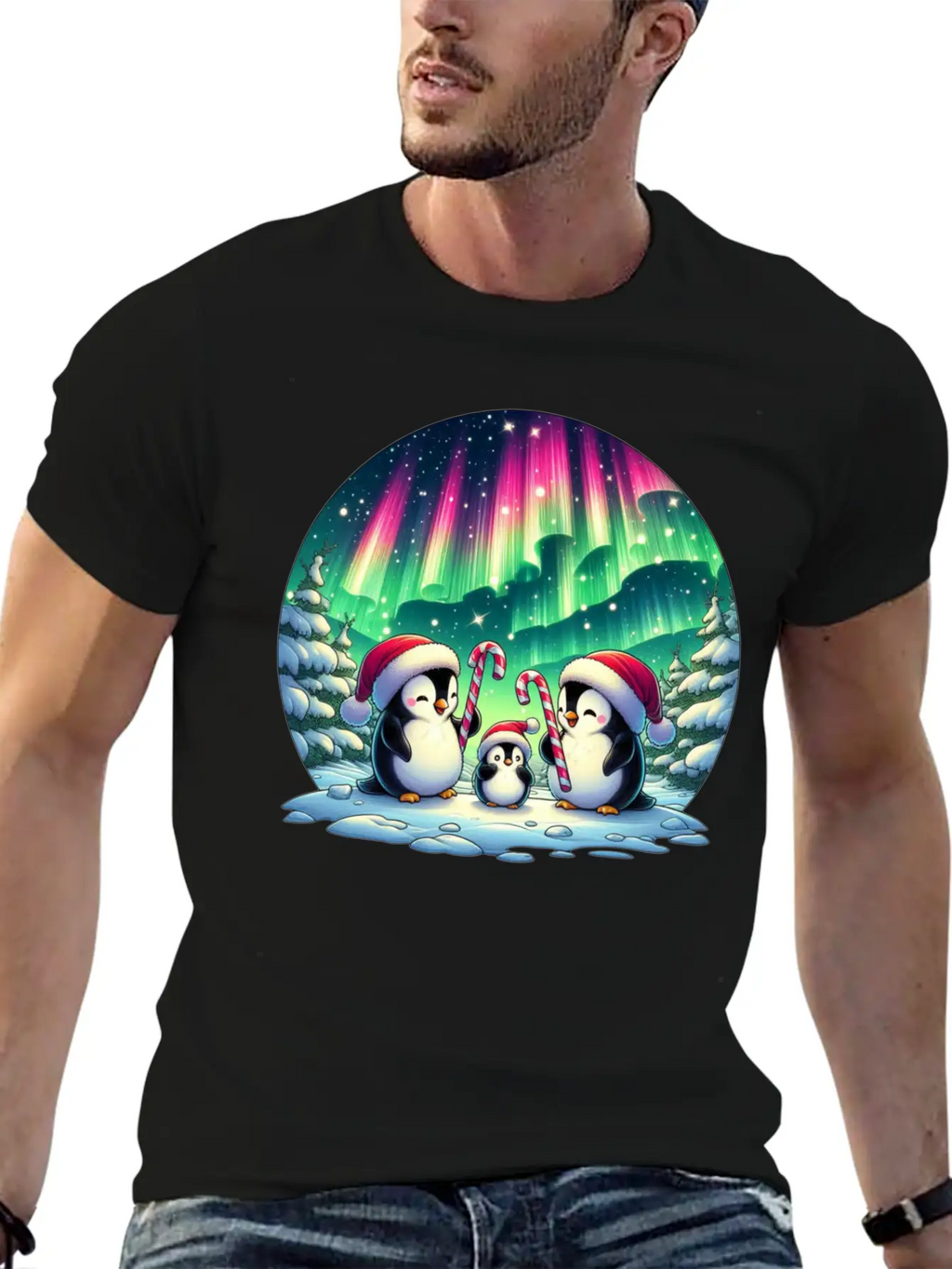 Penguin Family Christmas Under The Aurora Casual Graphic T-Shirt – Simple And Comfortable Daily Wear